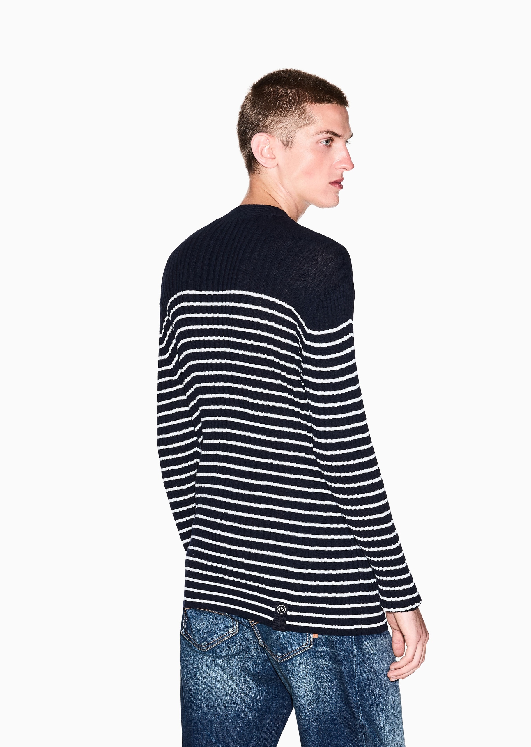 ARMANI EXCHANGE 男士纯棉圆领休闲撞色条纹套头针织衫