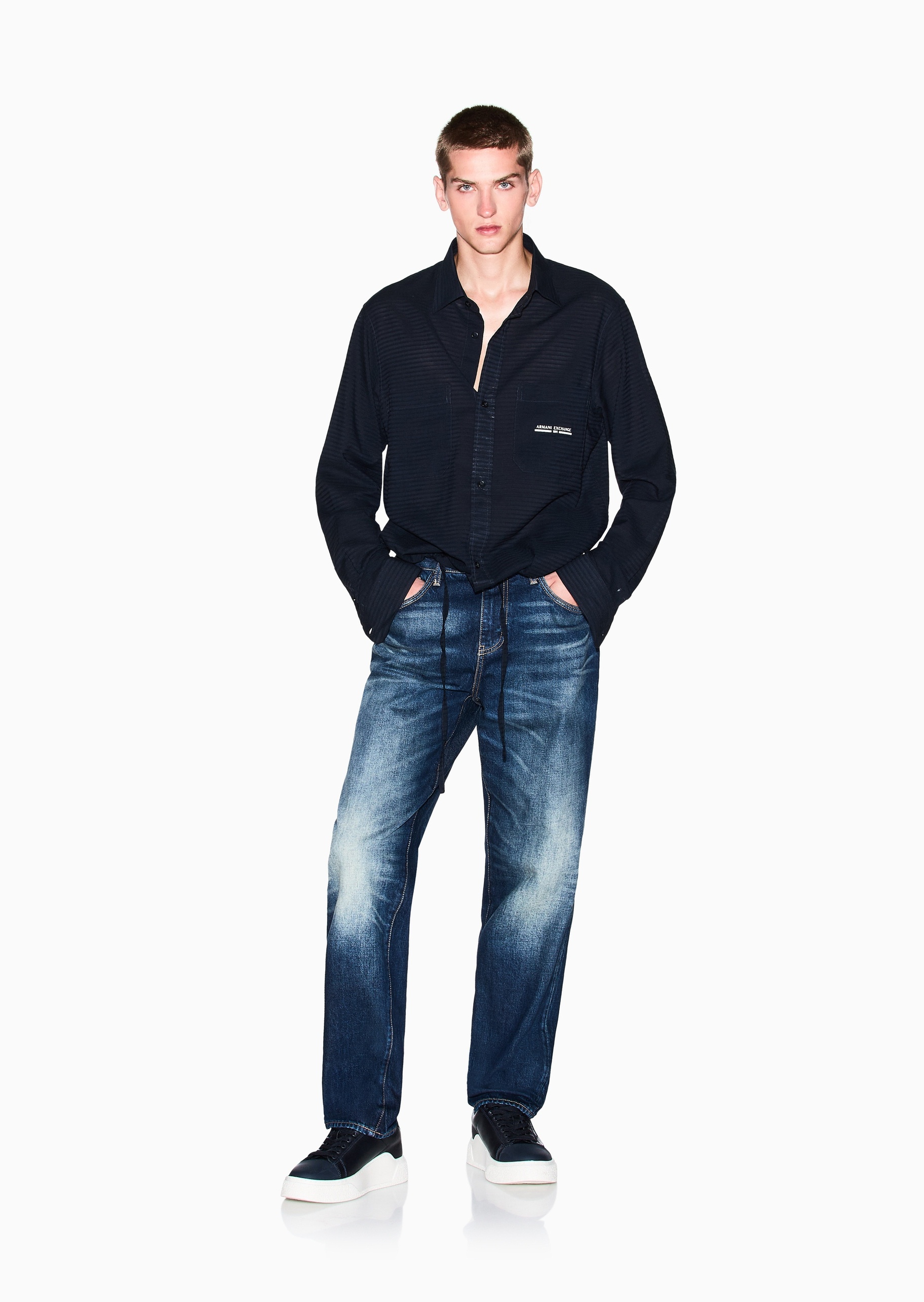 ARMANI EXCHANGE 男士棉质长袖翻领撞色标识纽扣衬衫