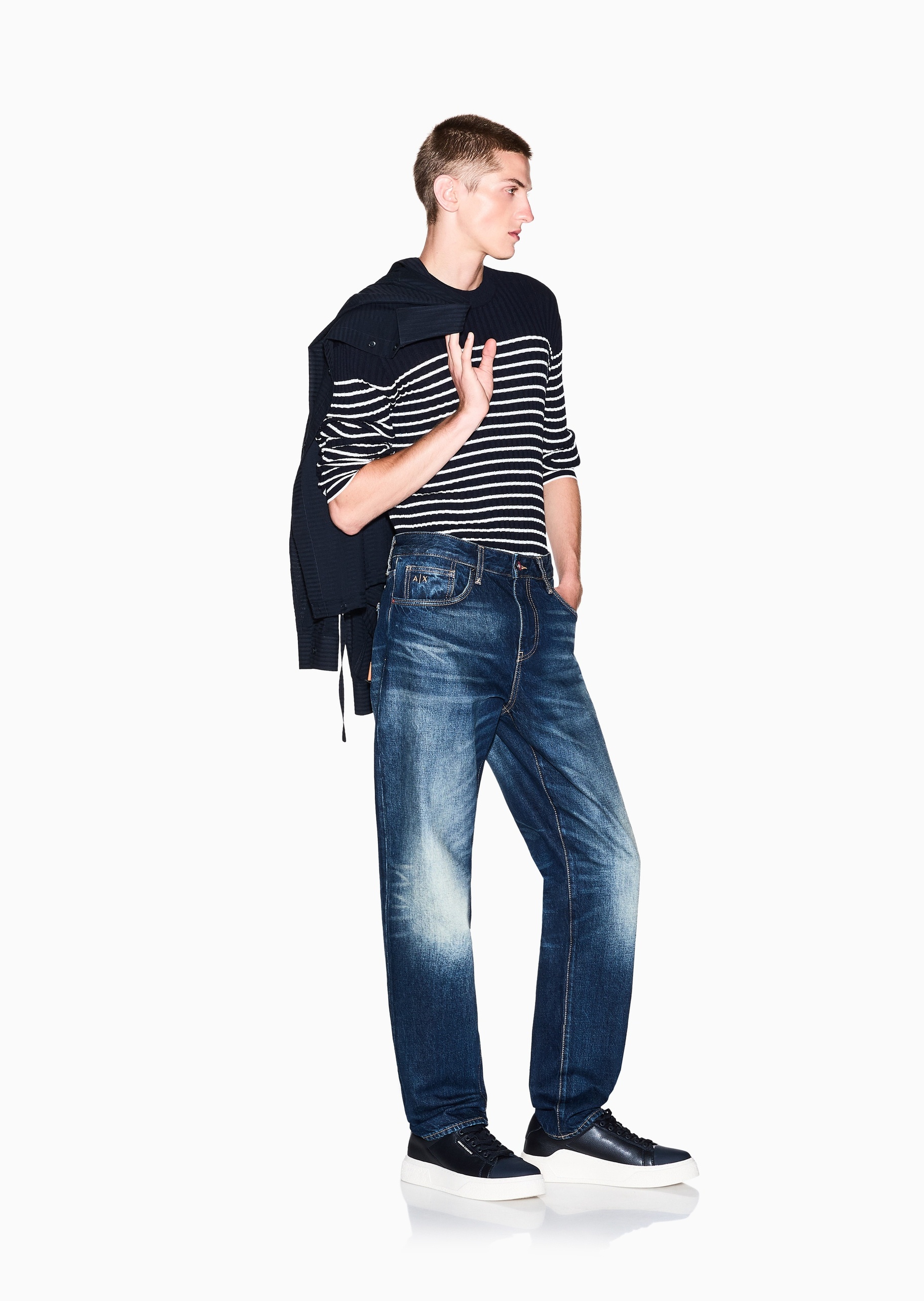 ARMANI EXCHANGE 男士纯棉圆领休闲撞色条纹套头针织衫