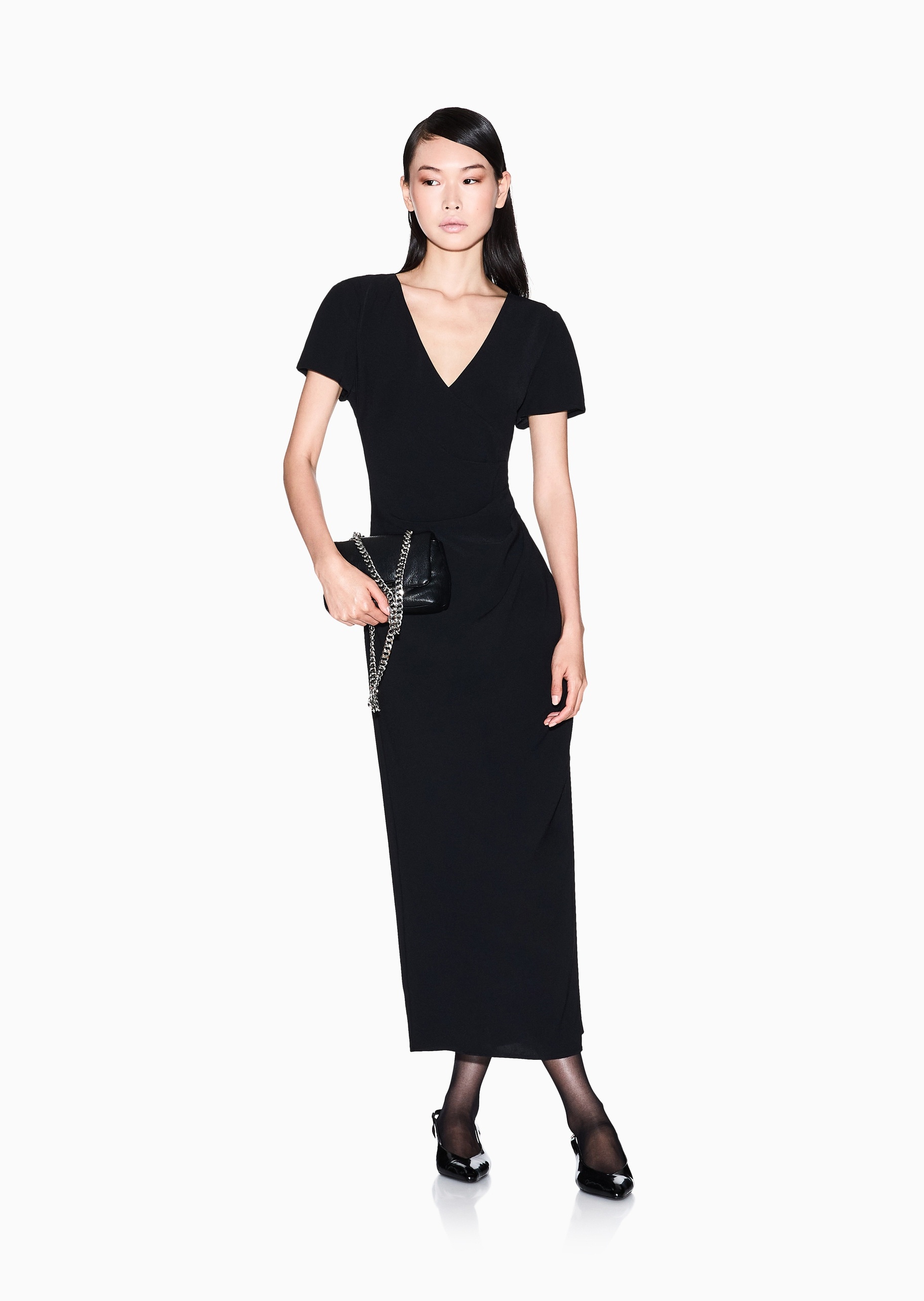 ARMANI EXCHANGE 女士修身短袖V领收腰捏褶连衣裙
