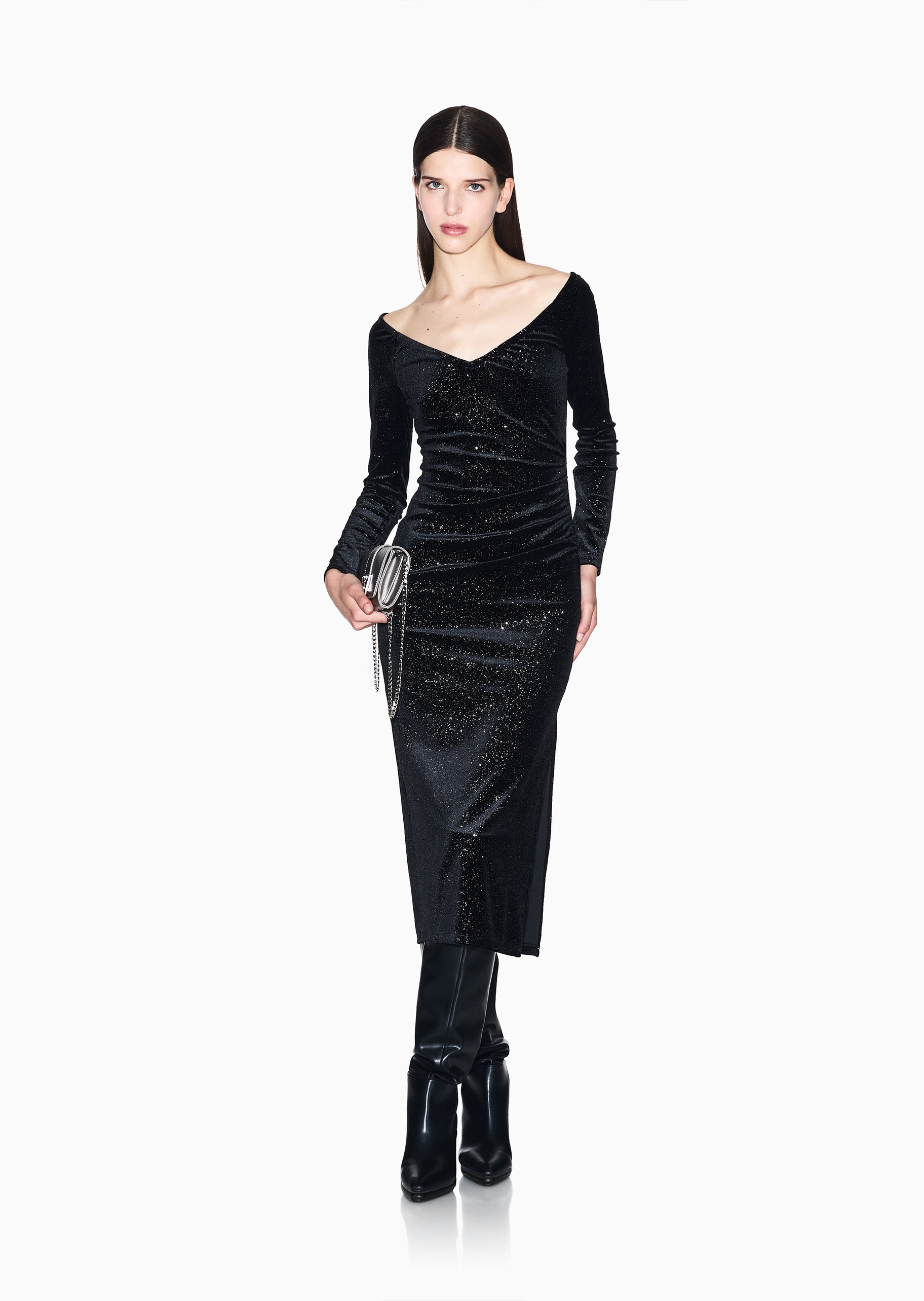 ARMANI EXCHANGE 女士弹力修身长袖V领侧开衩连衣裙