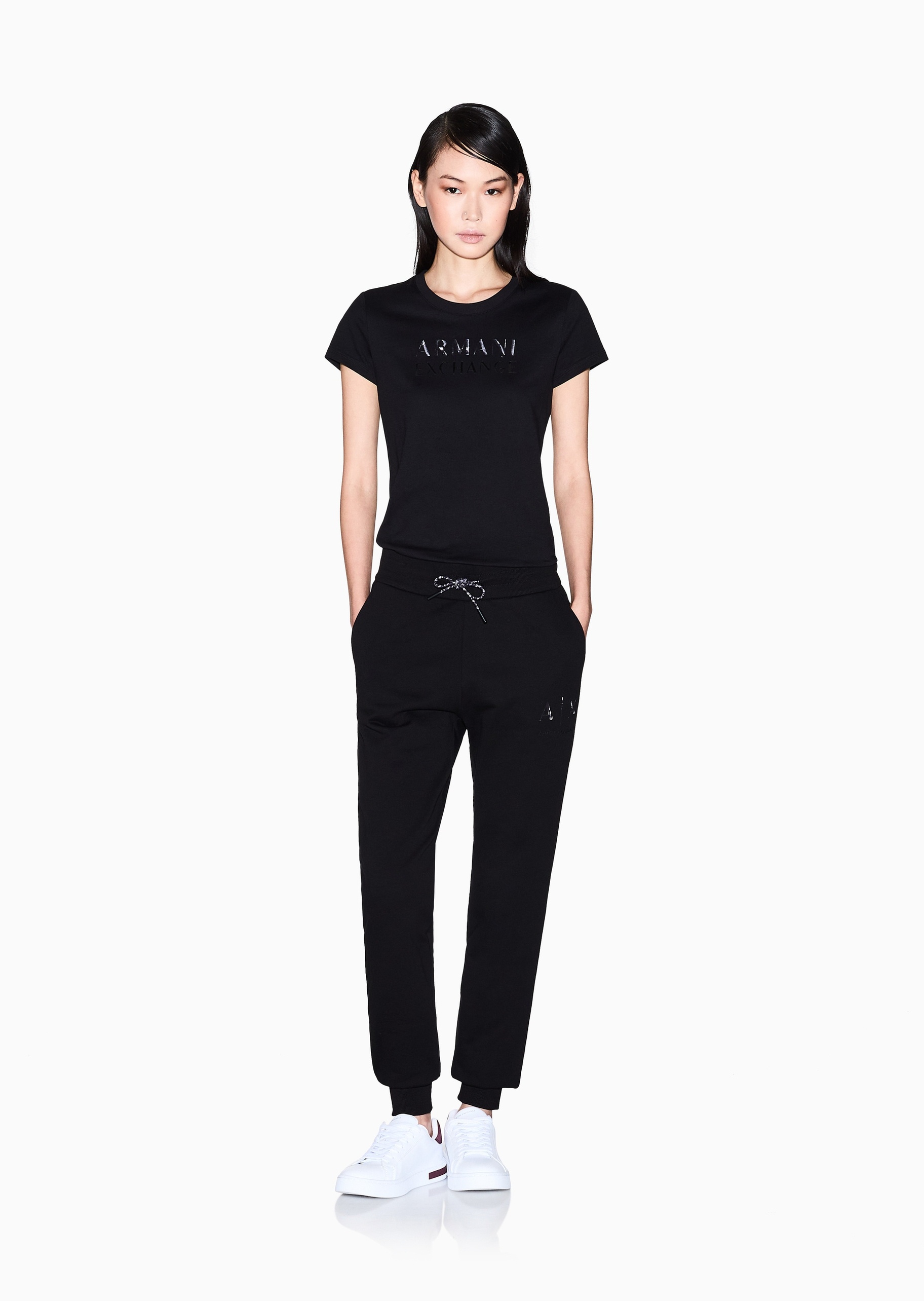 ARMANI EXCHANGE 女士全棉合身系带长款锥形束脚重磅慢跑卫裤