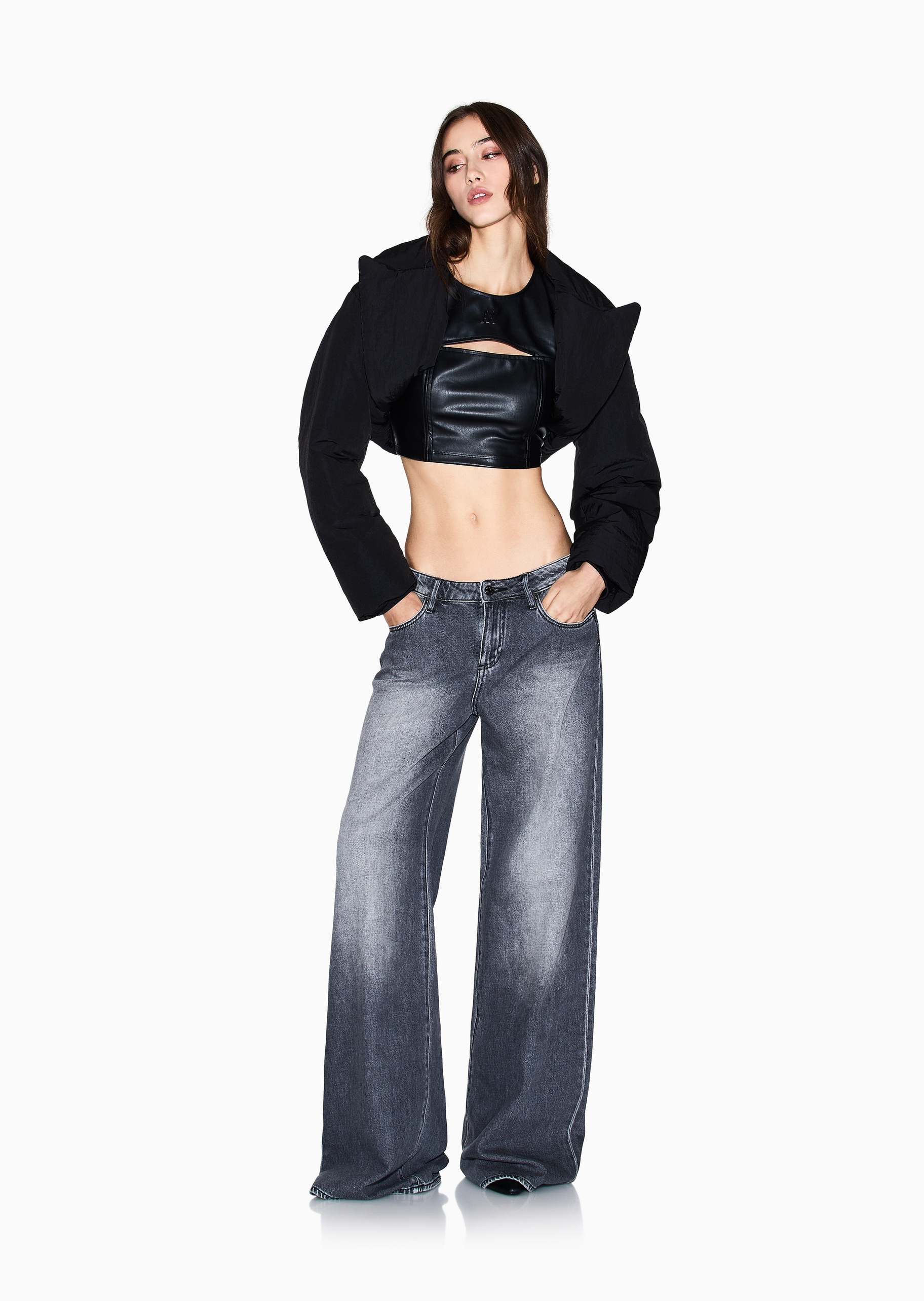 ARMANI EXCHANGE 女士全棉宽松低腰加长阔腿喇叭牛仔裤