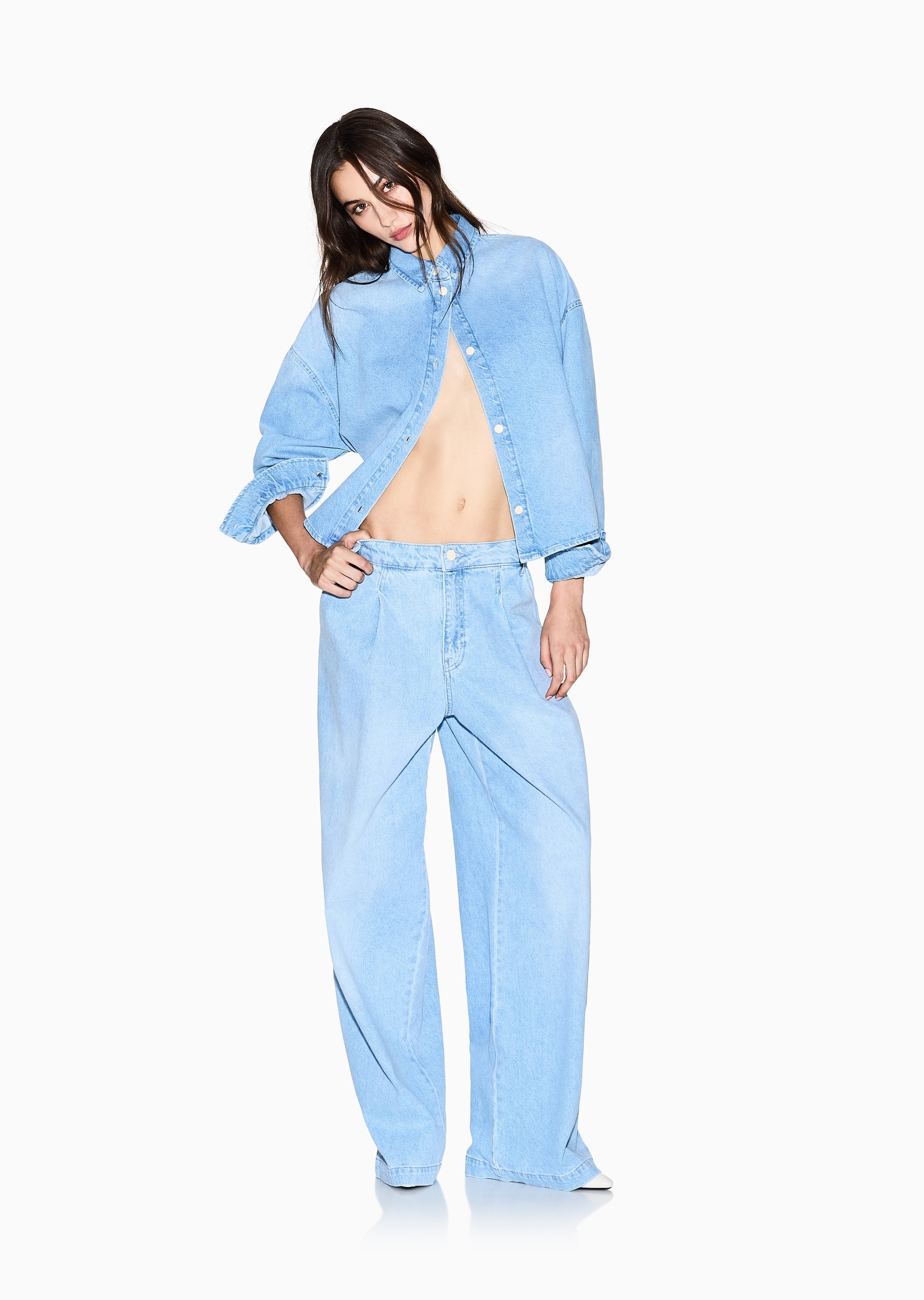 ARMANI EXCHANGE 女士全棉宽松长袖翻领落肩牛仔衬衫