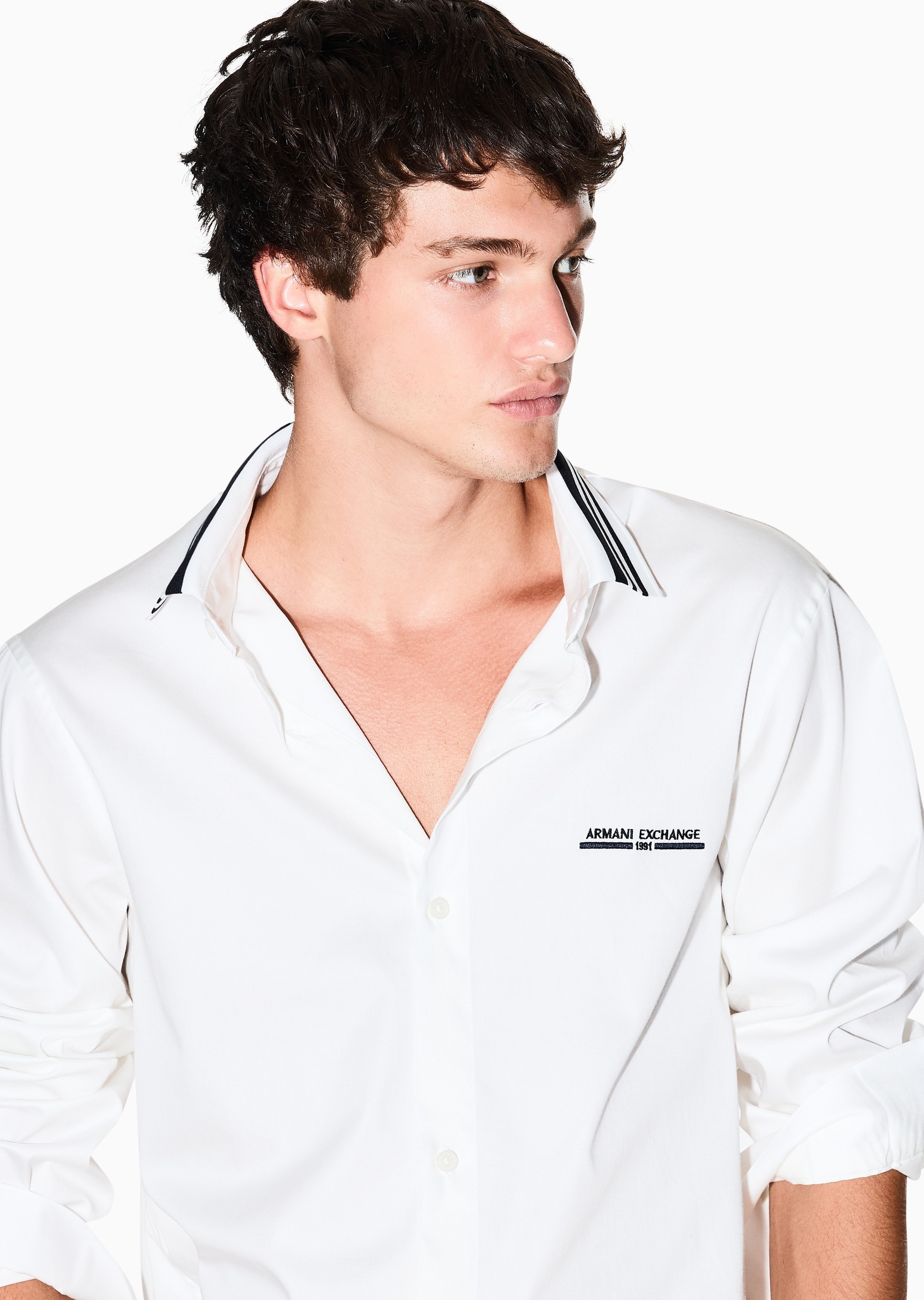 ARMANI EXCHANGE 男士纯棉微弹长袖翻领撞色饰边衬衫