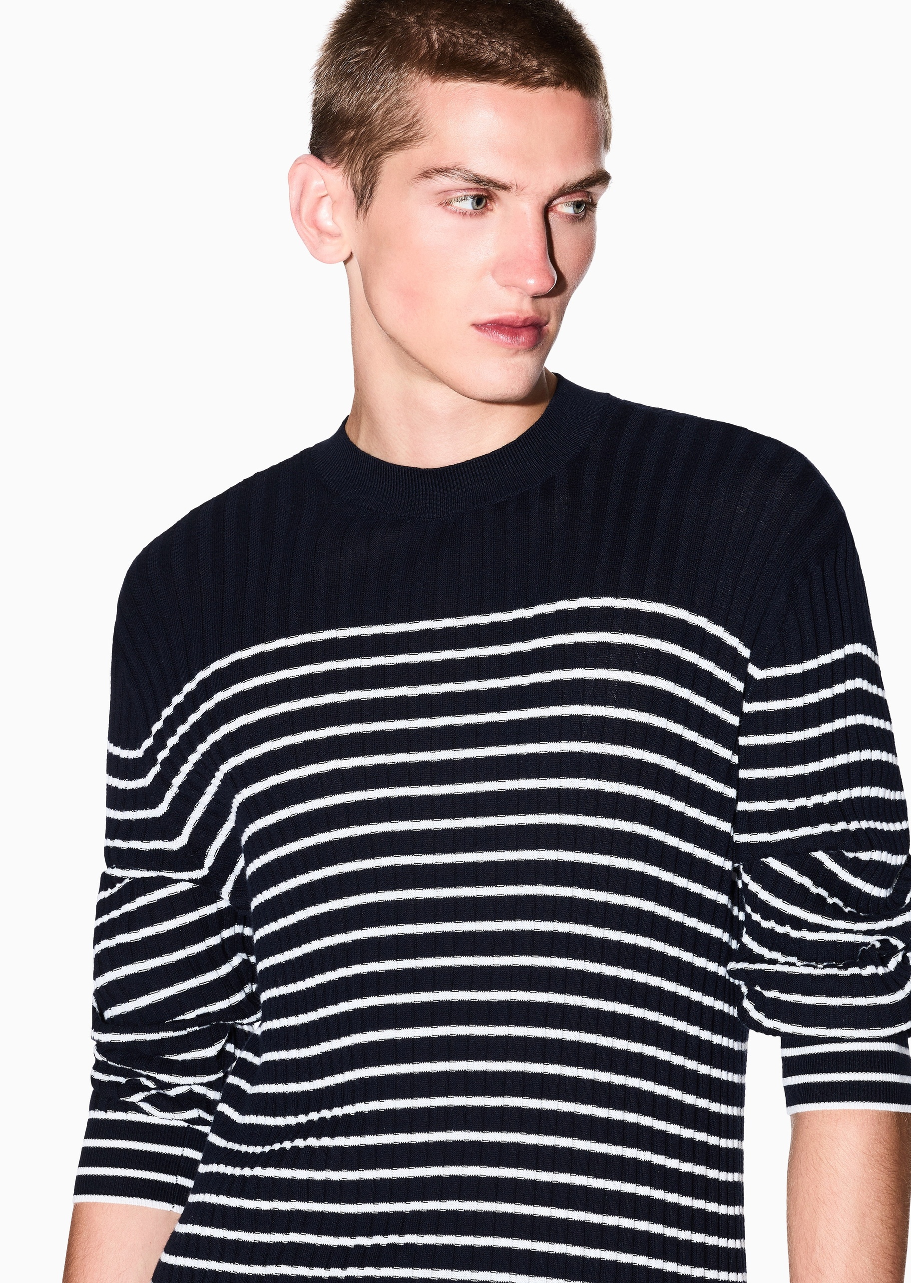 ARMANI EXCHANGE 男士纯棉圆领休闲撞色条纹套头针织衫