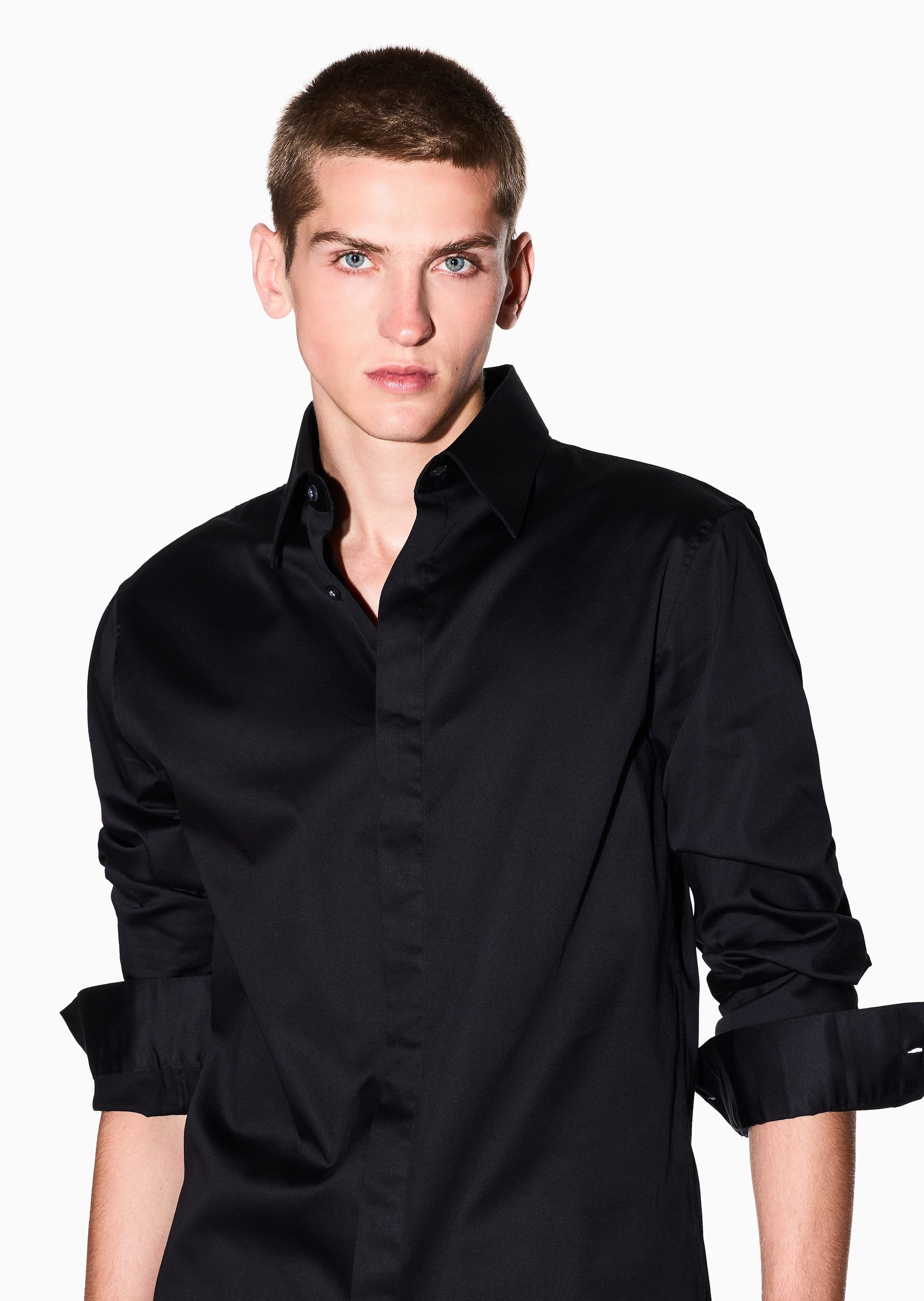 ARMANI EXCHANGE 男士纯棉微弹长袖翻领暗门襟纯色衬衫