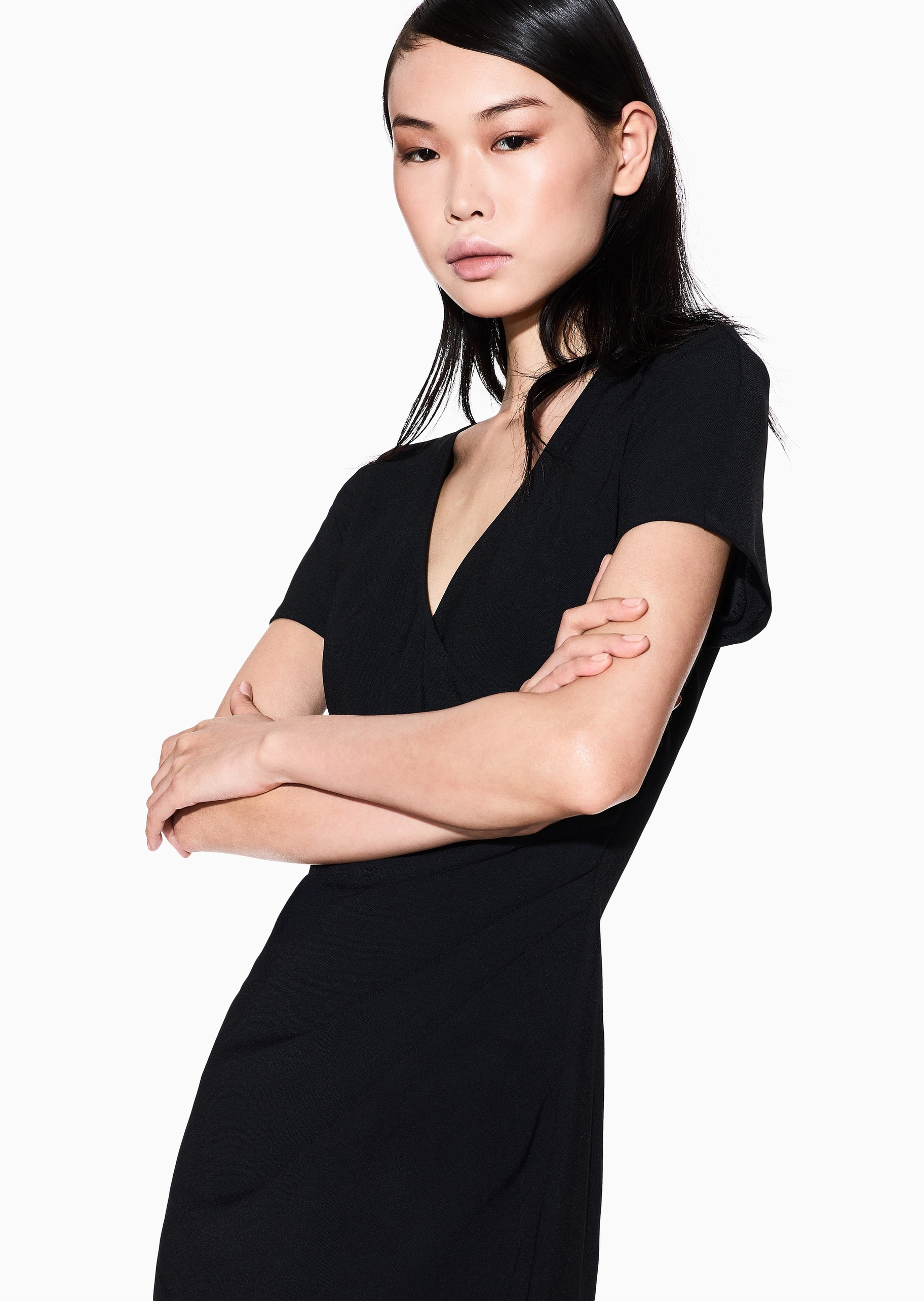 ARMANI EXCHANGE 女士修身短袖V领收腰捏褶连衣裙
