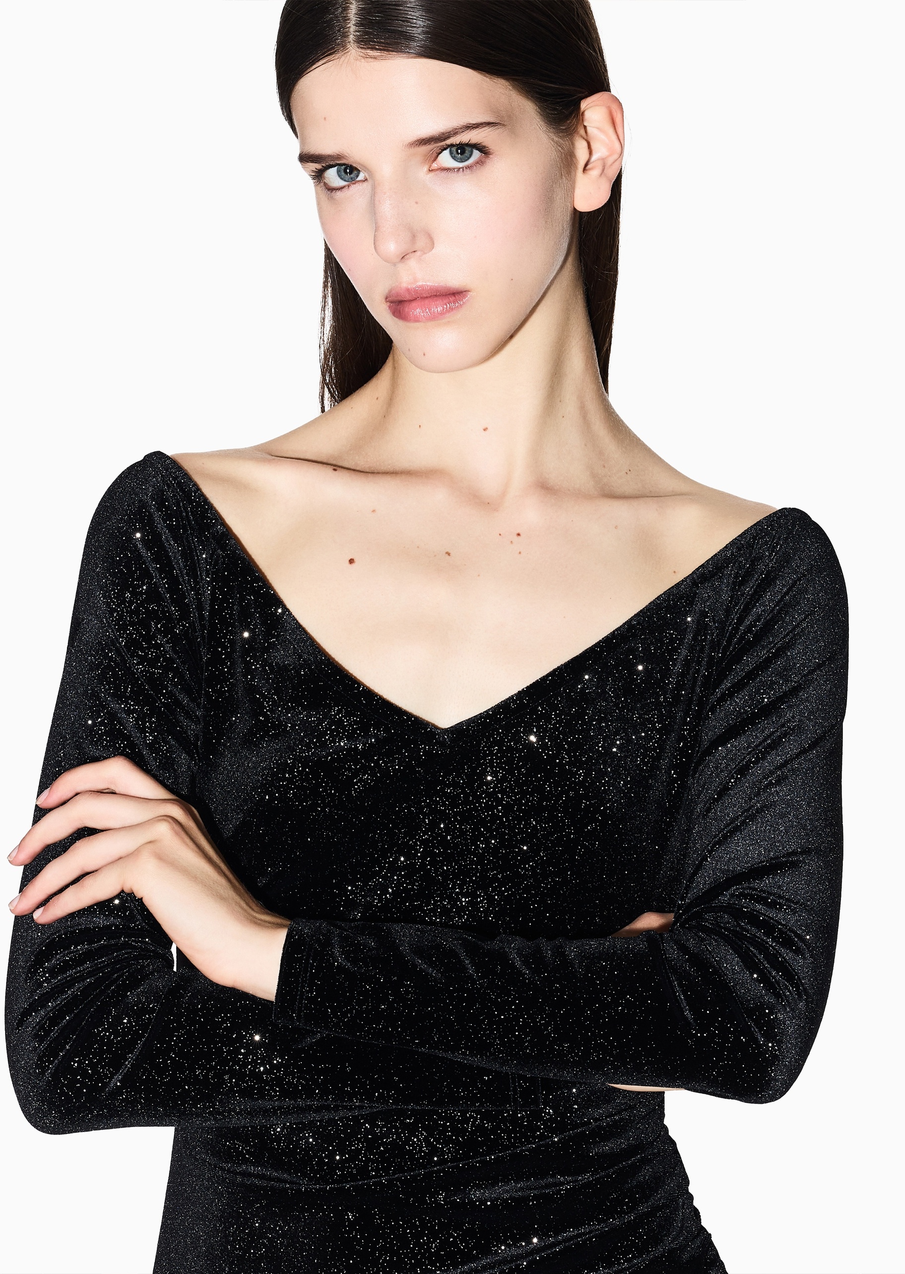 ARMANI EXCHANGE 女士弹力修身长袖V领侧开衩连衣裙