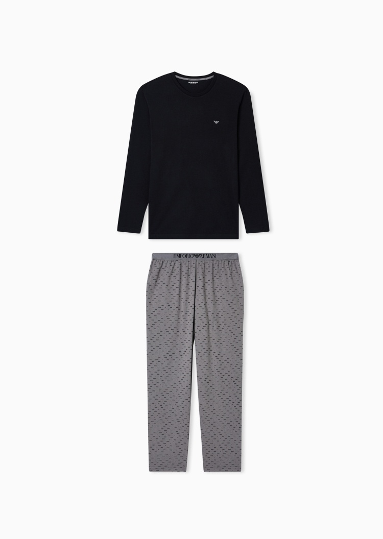 Emporio Armani 男士纯棉长袖T恤长裤印花刺绣睡衣套装