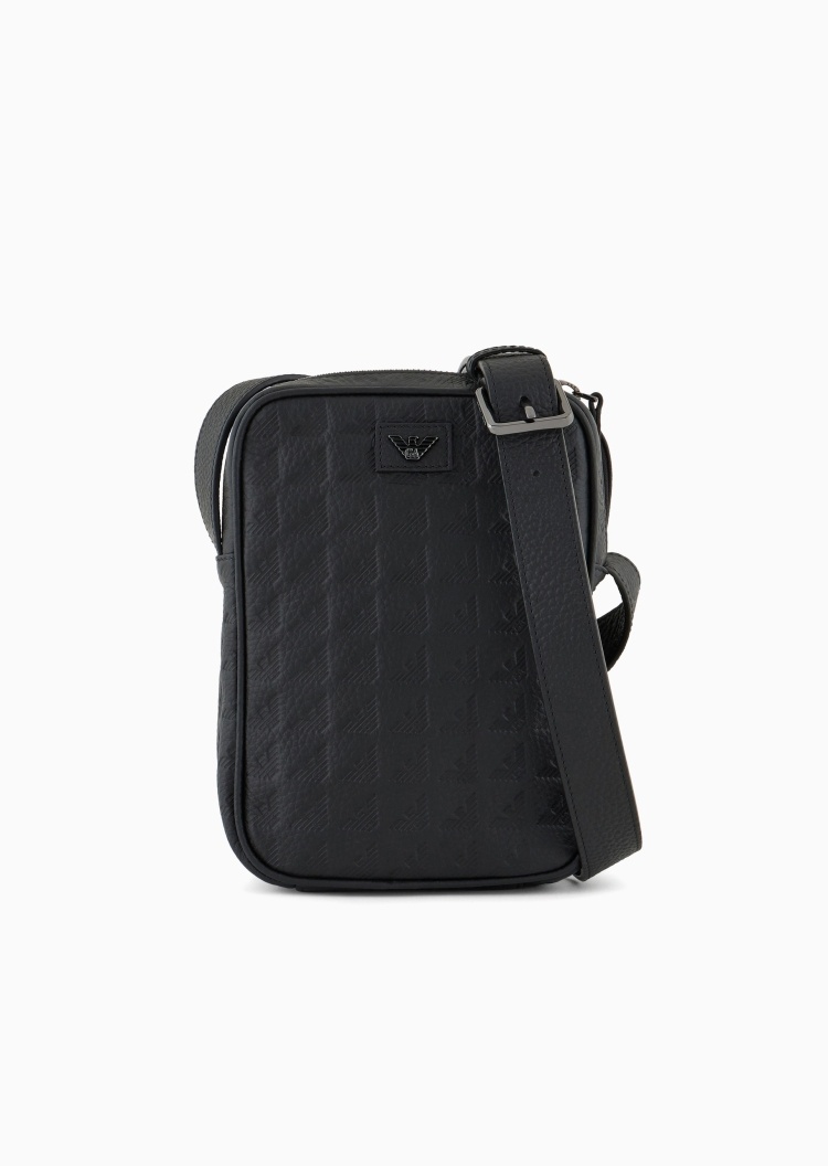 Emporio Armani 男士犊牛皮革迷你可调节单肩斜挎压花手机包