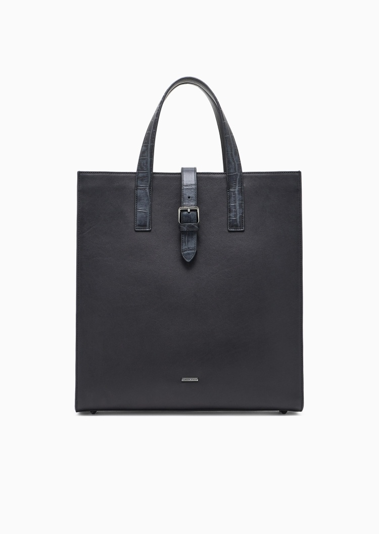Emporio Armani 男士牛皮革方形鳄鱼皮纹理手提托特包