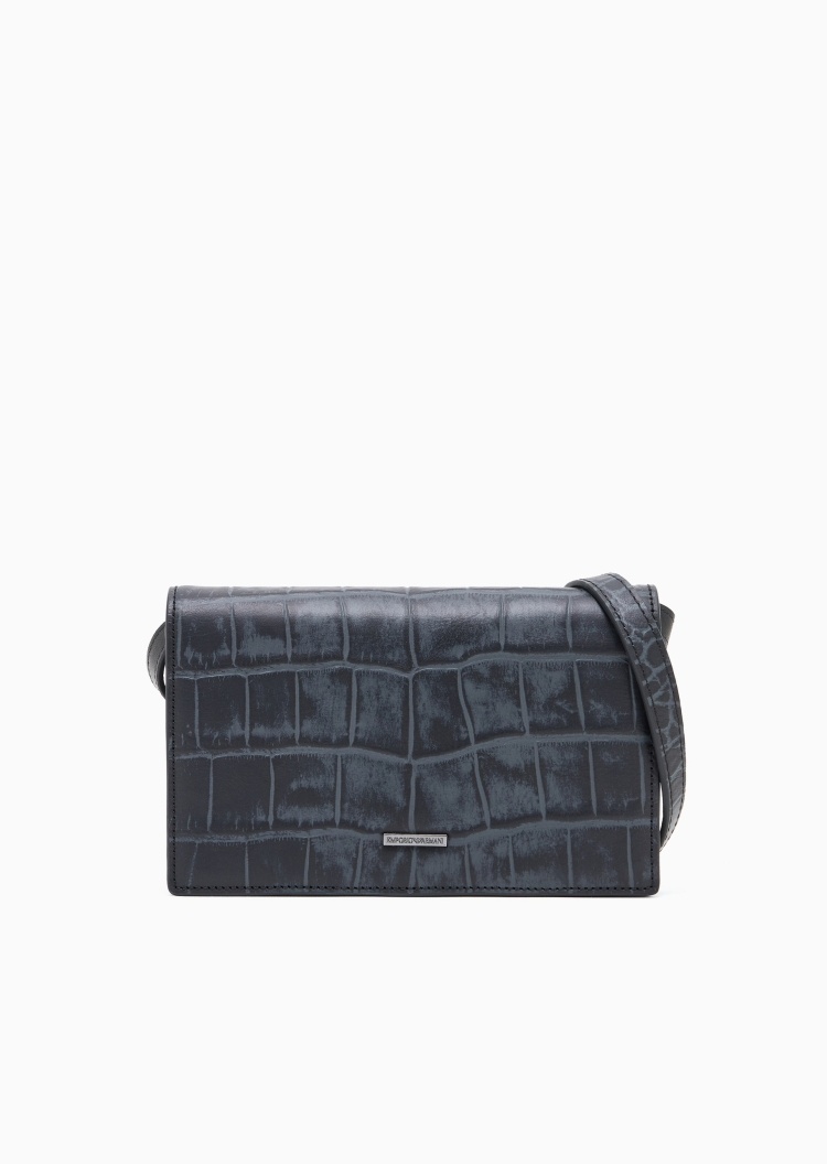 Emporio Armani 男士牛皮革迷你翻盖可调节单肩斜挎手机包