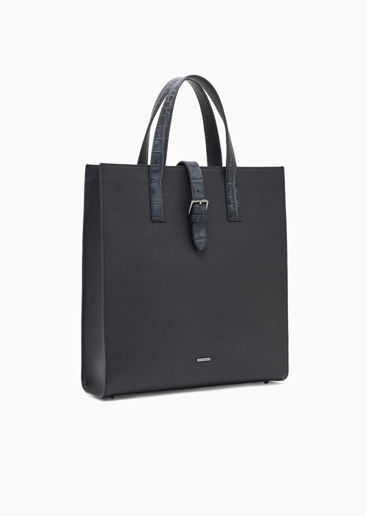 Emporio Armani 男士牛皮革方形鳄鱼皮纹理手提托特包