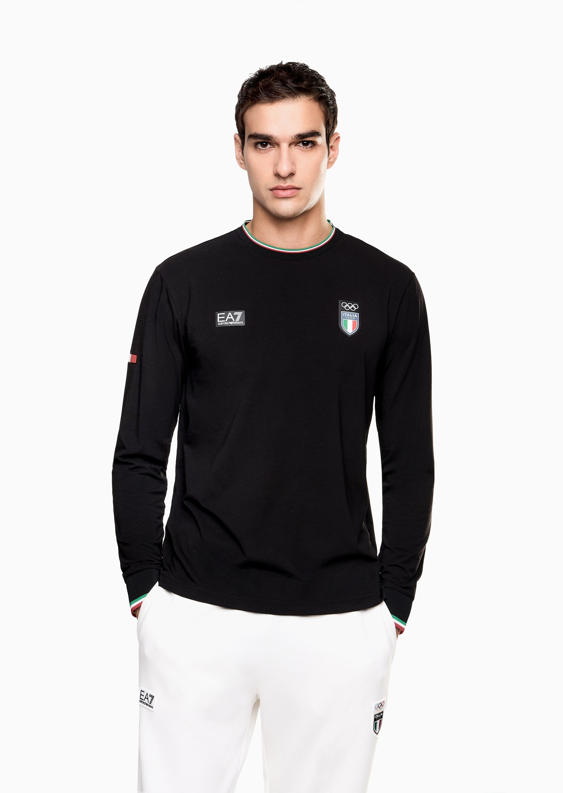 EA7 男士重磅合身长袖圆领正肩运动训练T恤