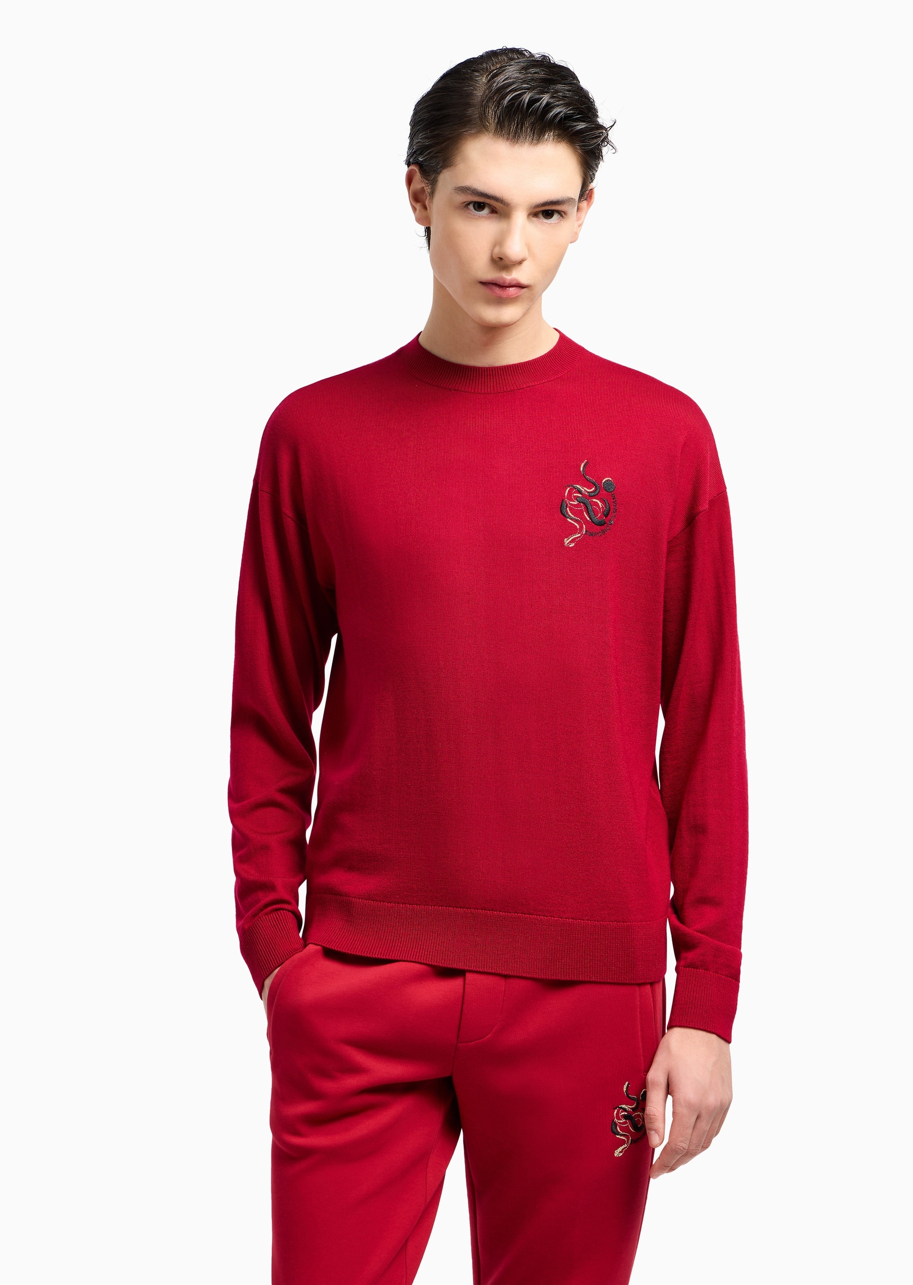 Emporio Armani 男士全绵羊毛长袖圆领刺绣套头针织毛衣