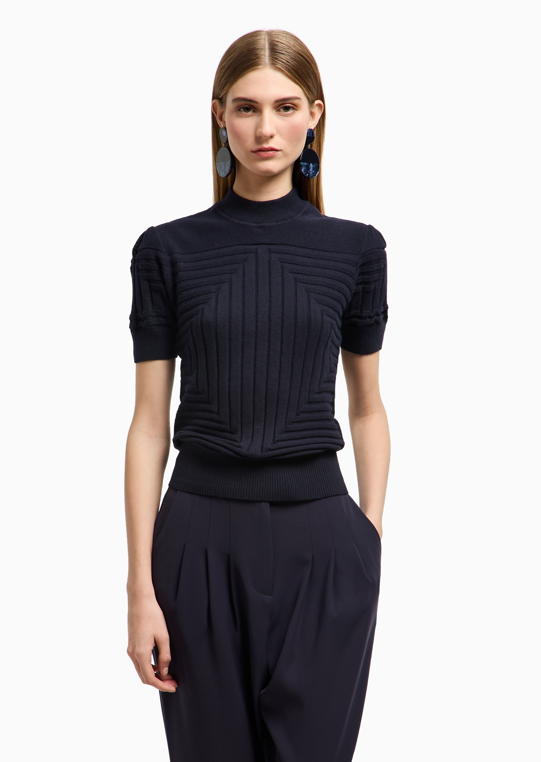 Emporio Armani 女士修身短袖小立领纯色罗纹打底针织毛衣