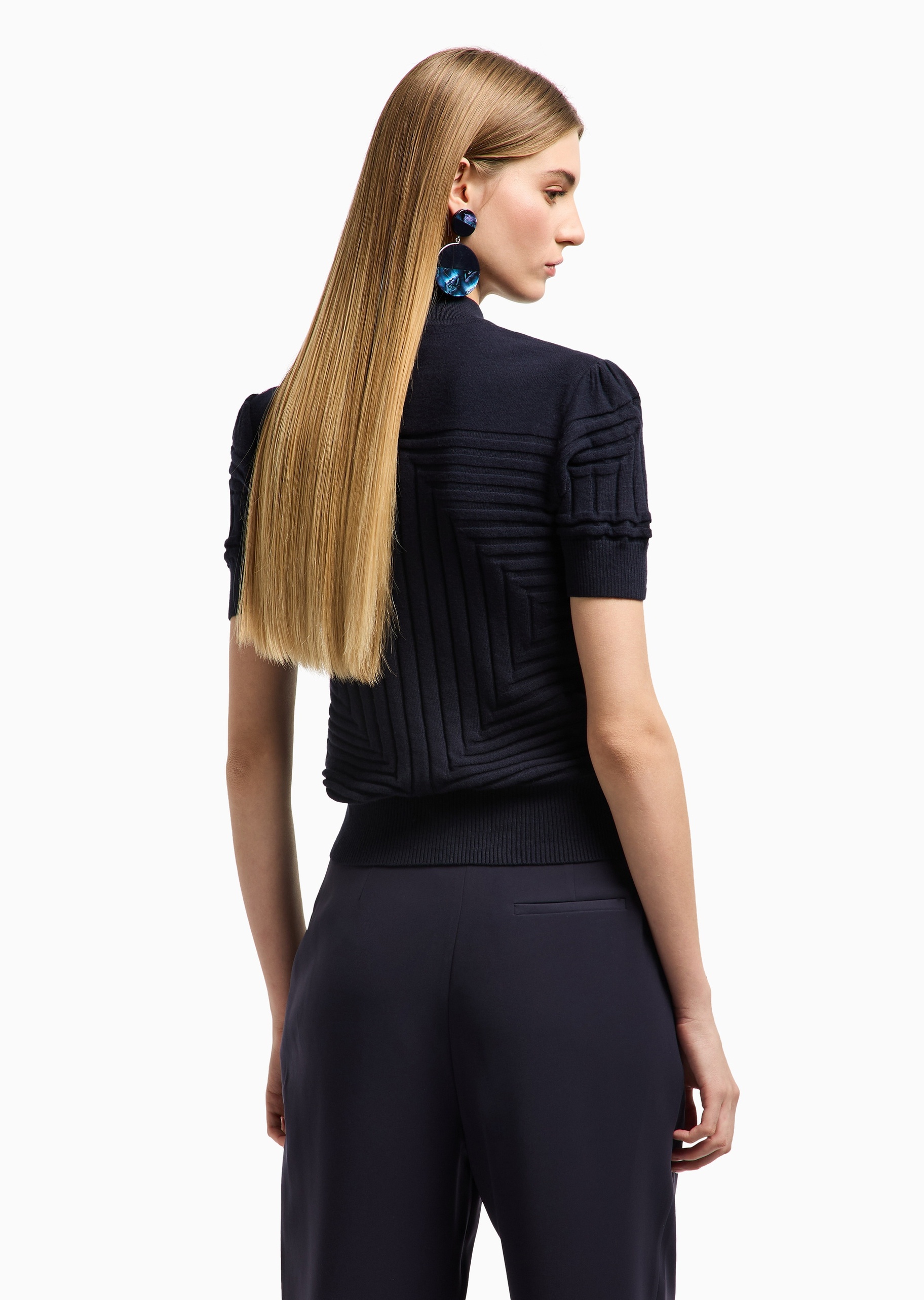 Emporio Armani 女士修身短袖小立领纯色罗纹打底针织毛衣