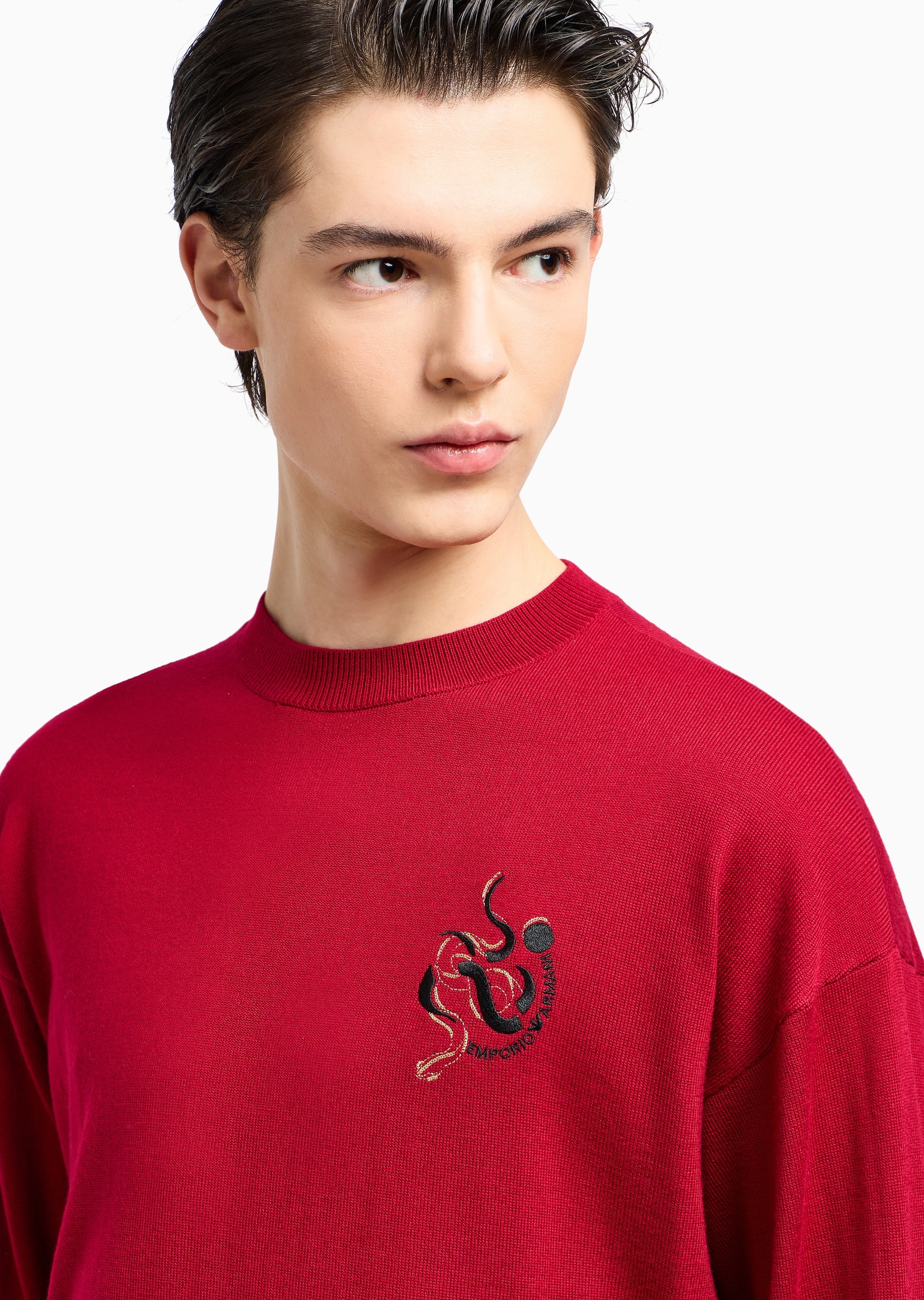 Emporio Armani 男士全绵羊毛长袖圆领刺绣套头针织毛衣