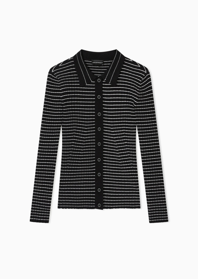Emporio Armani 女士衬衫领翻领修身条纹针织开衫