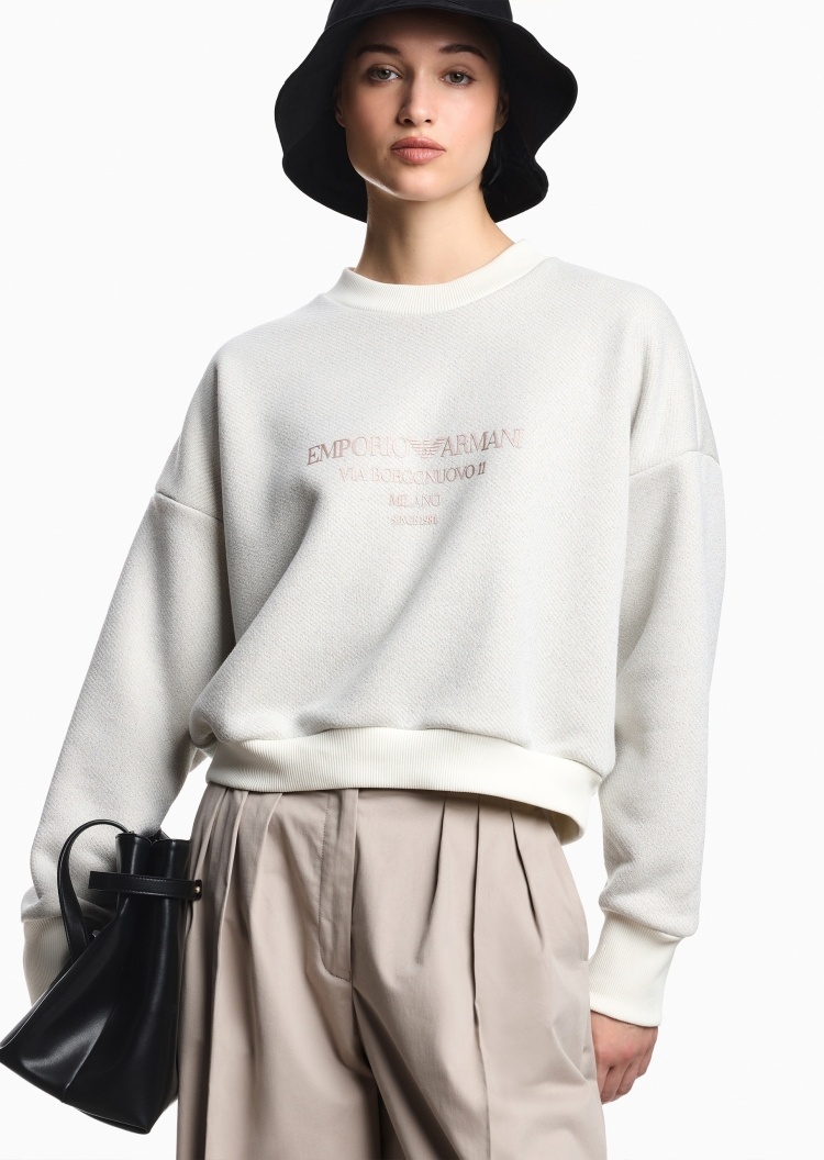 Emporio Armani 女士宽松短款圆领落肩毛圈标识印花卫衣