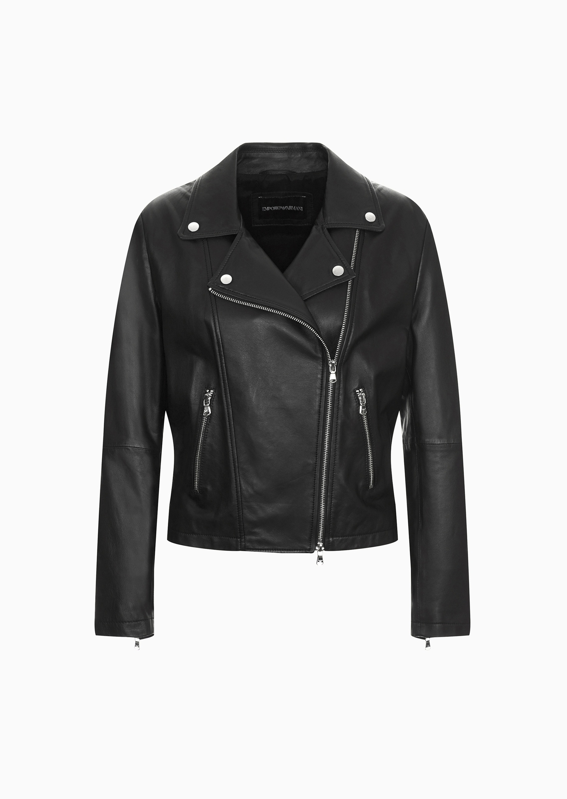 Emporio Armani 女士修身短款机车风羊皮革皮衣夹克外套