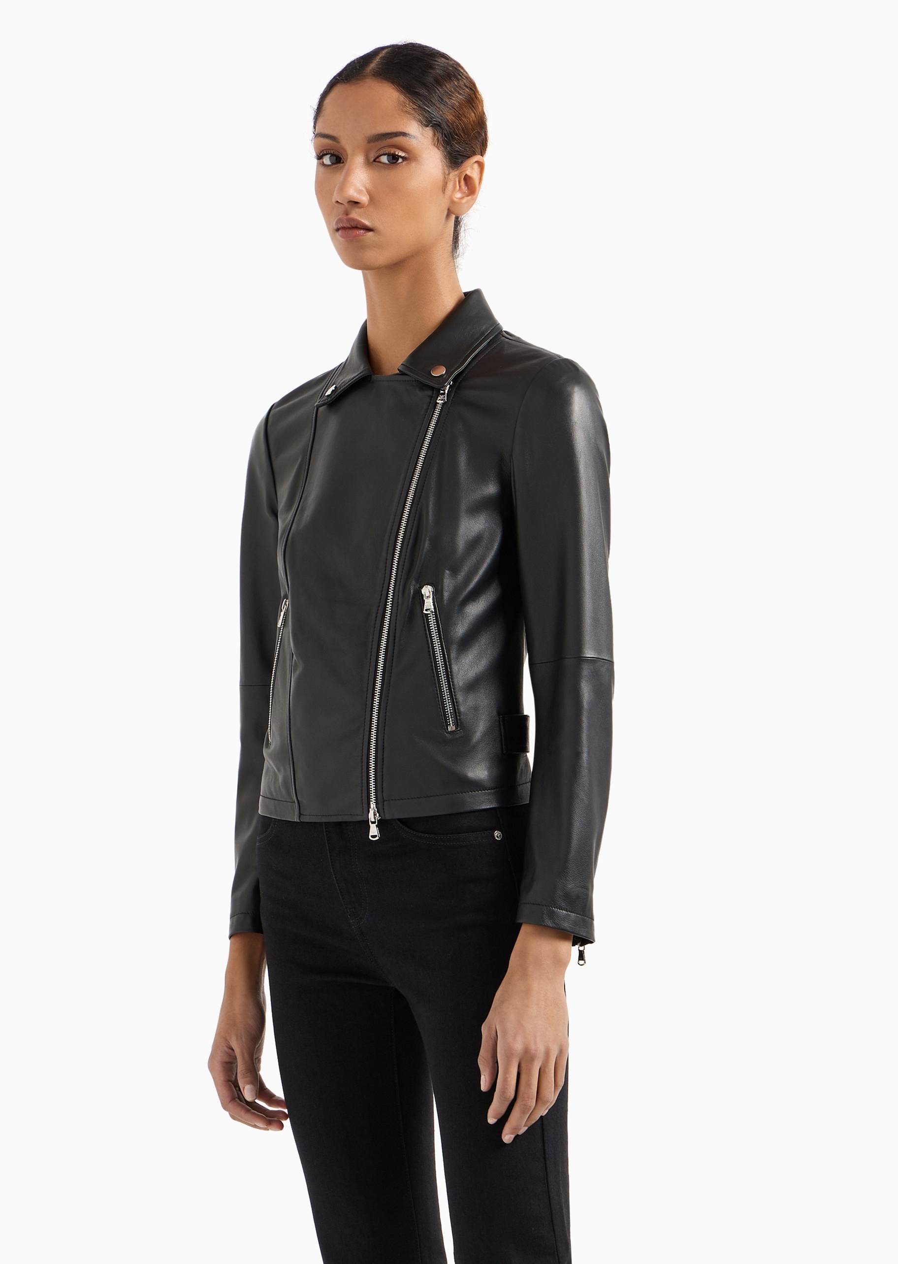 Emporio Armani 女士修身短款机车风羊皮革皮衣夹克外套