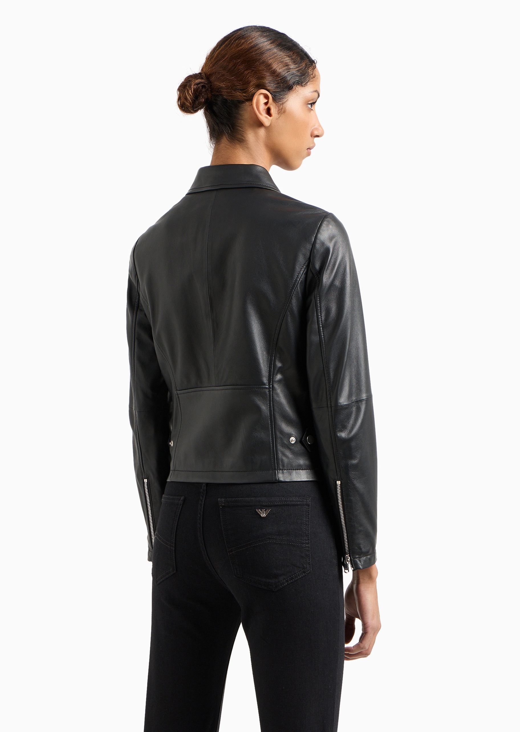 Emporio Armani 女士修身短款机车风羊皮革皮衣夹克外套