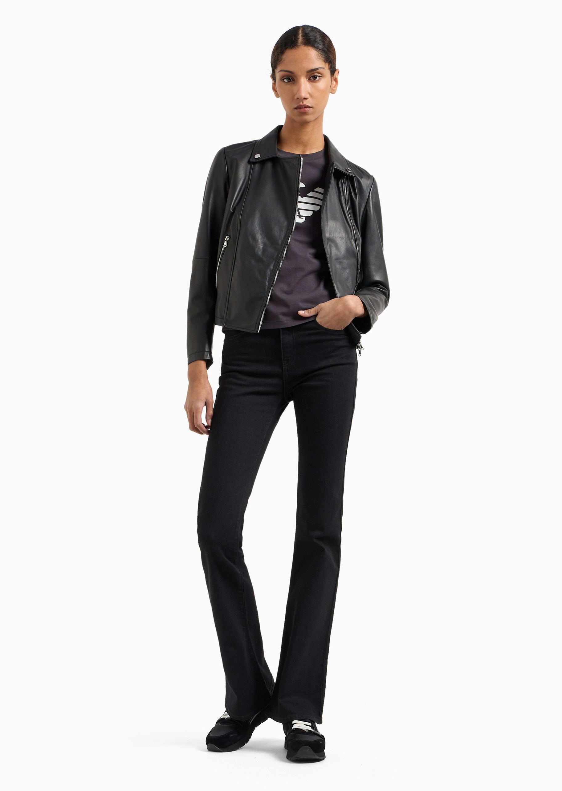 Emporio Armani 女士修身短款机车风羊皮革皮衣夹克外套