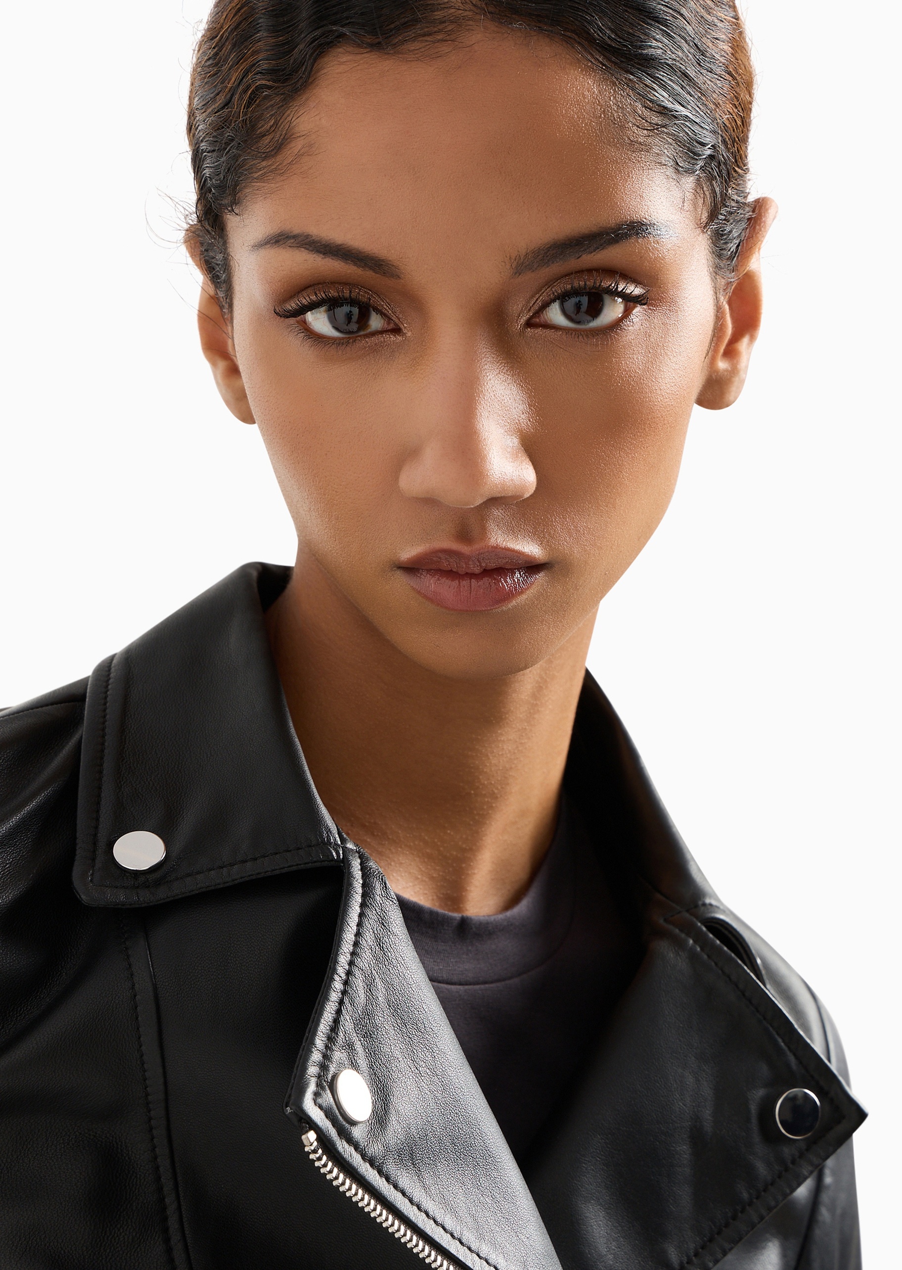 Emporio Armani 女士修身短款机车风羊皮革皮衣夹克外套