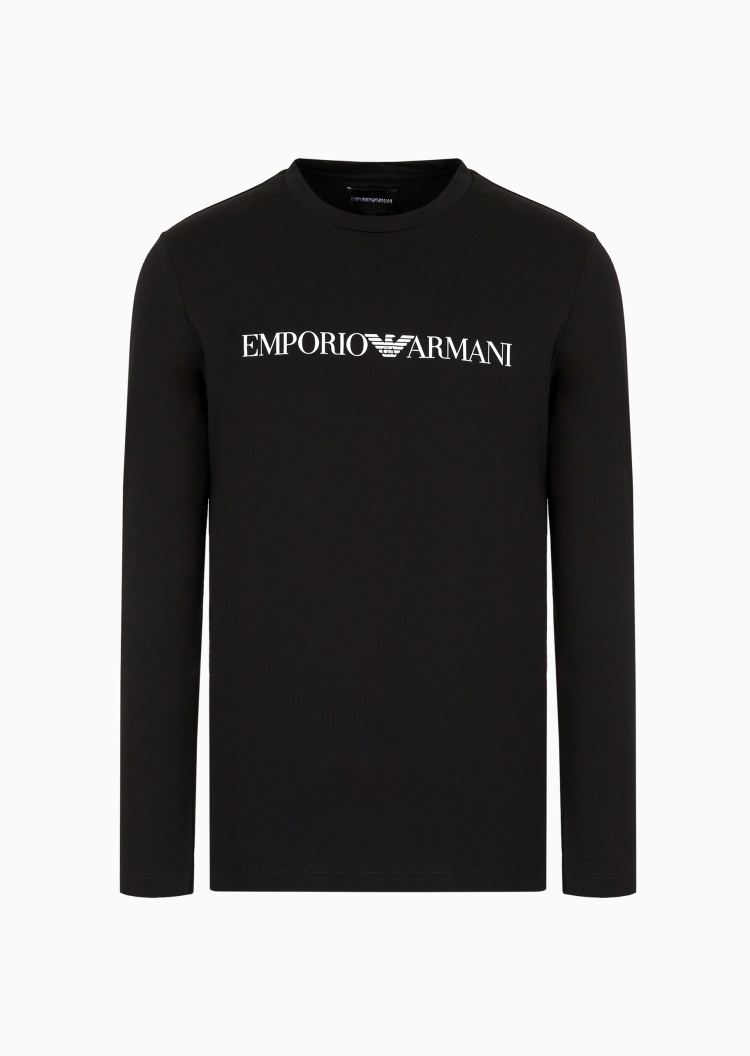 Emporio Armani 男士纯棉修身长袖圆领印花纯色T恤