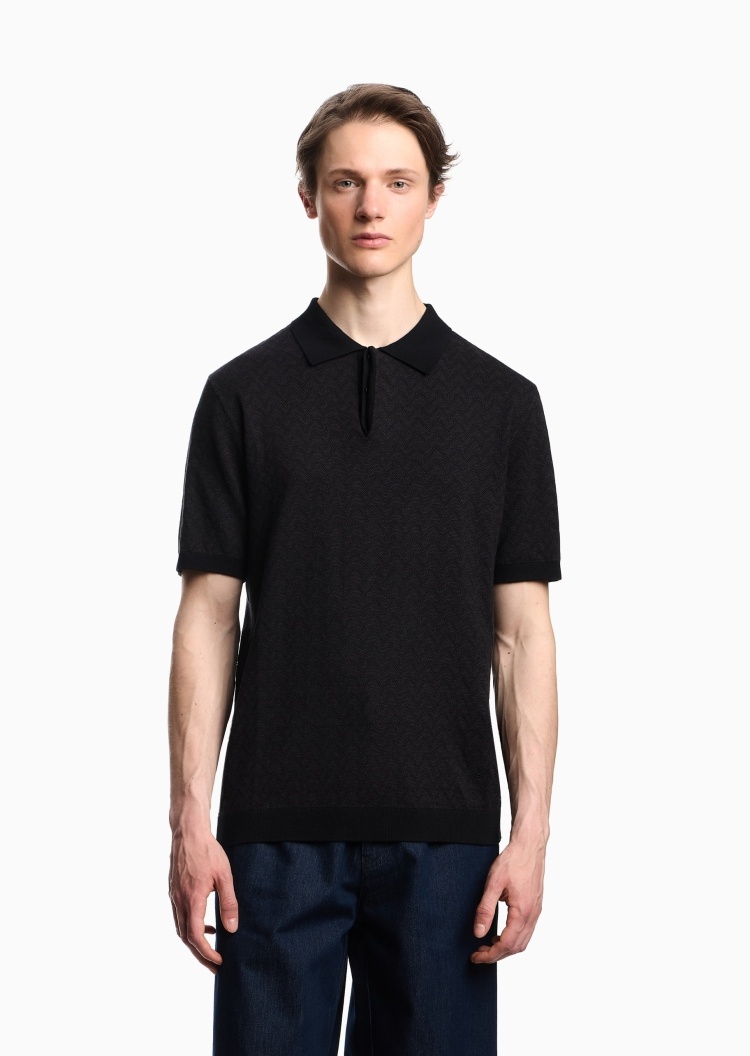 Emporio Armani 男士短袖Polo领人字纹提花针织衫