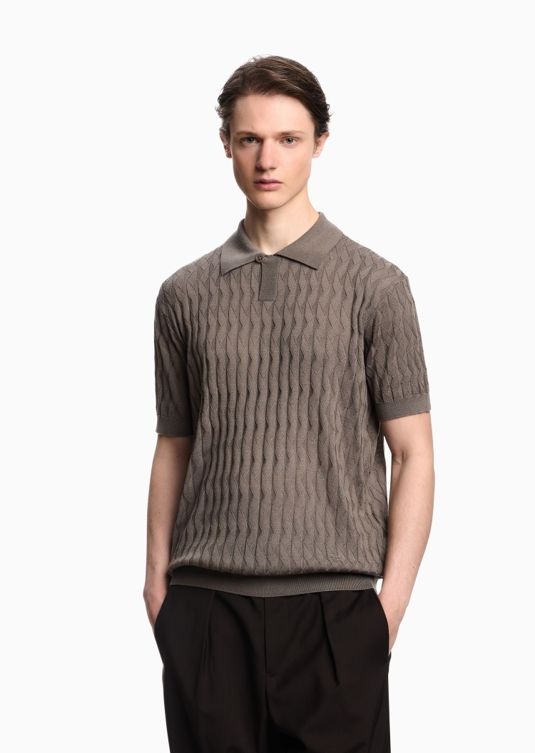 Emporio Armani 男士短袖Polo领纯色压花针织衫