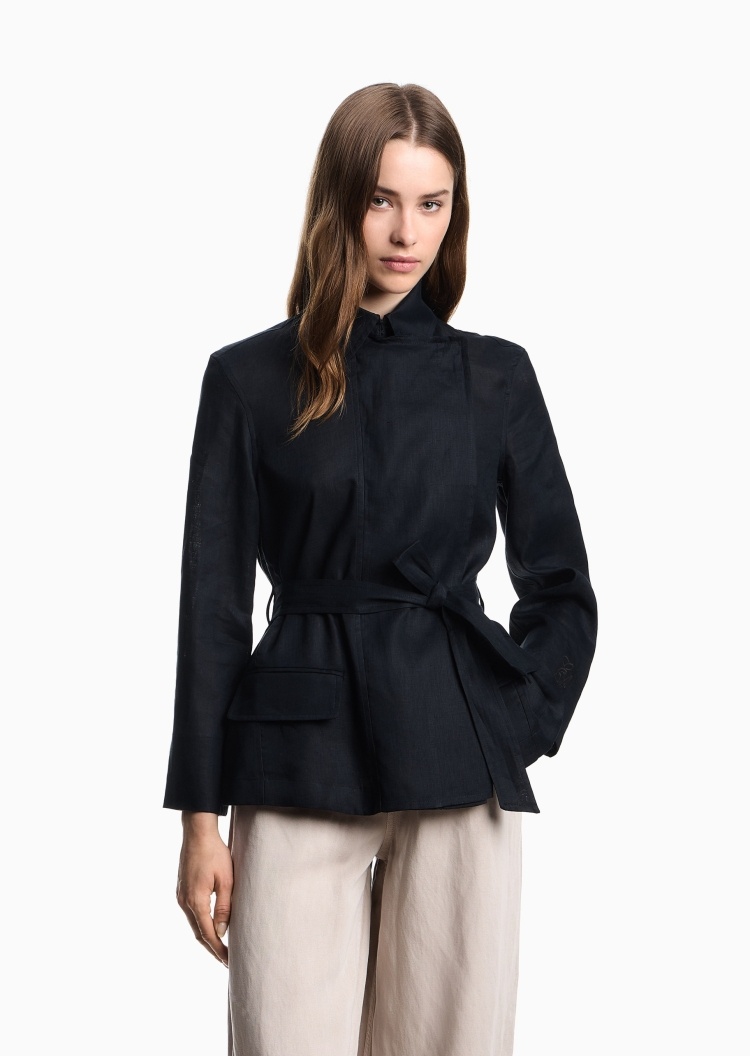 Emporio Armani 女士亚麻长袖翻领系带暗门襟夹克