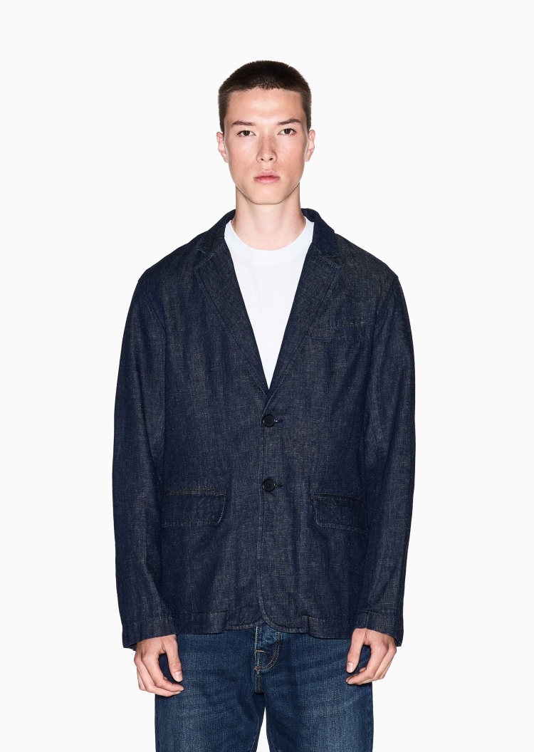 ARMANI EXCHANGE 男士棉麻长袖平驳领单排扣牛仔西装外套