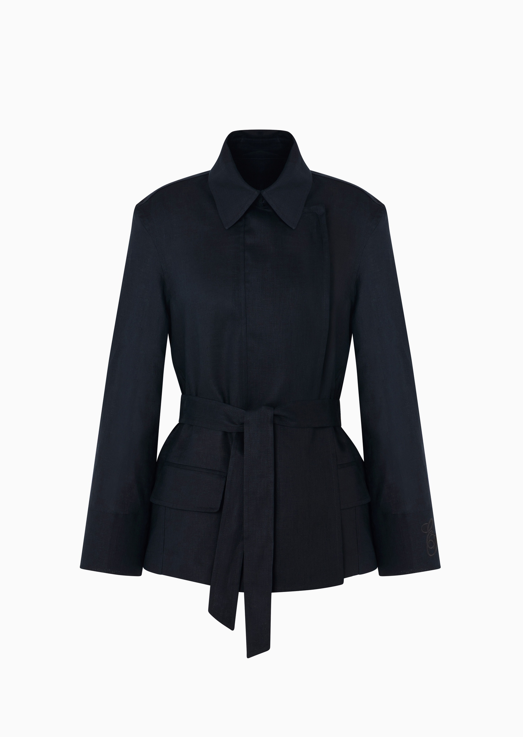 Emporio Armani 女士亚麻长袖翻领系带暗门襟夹克