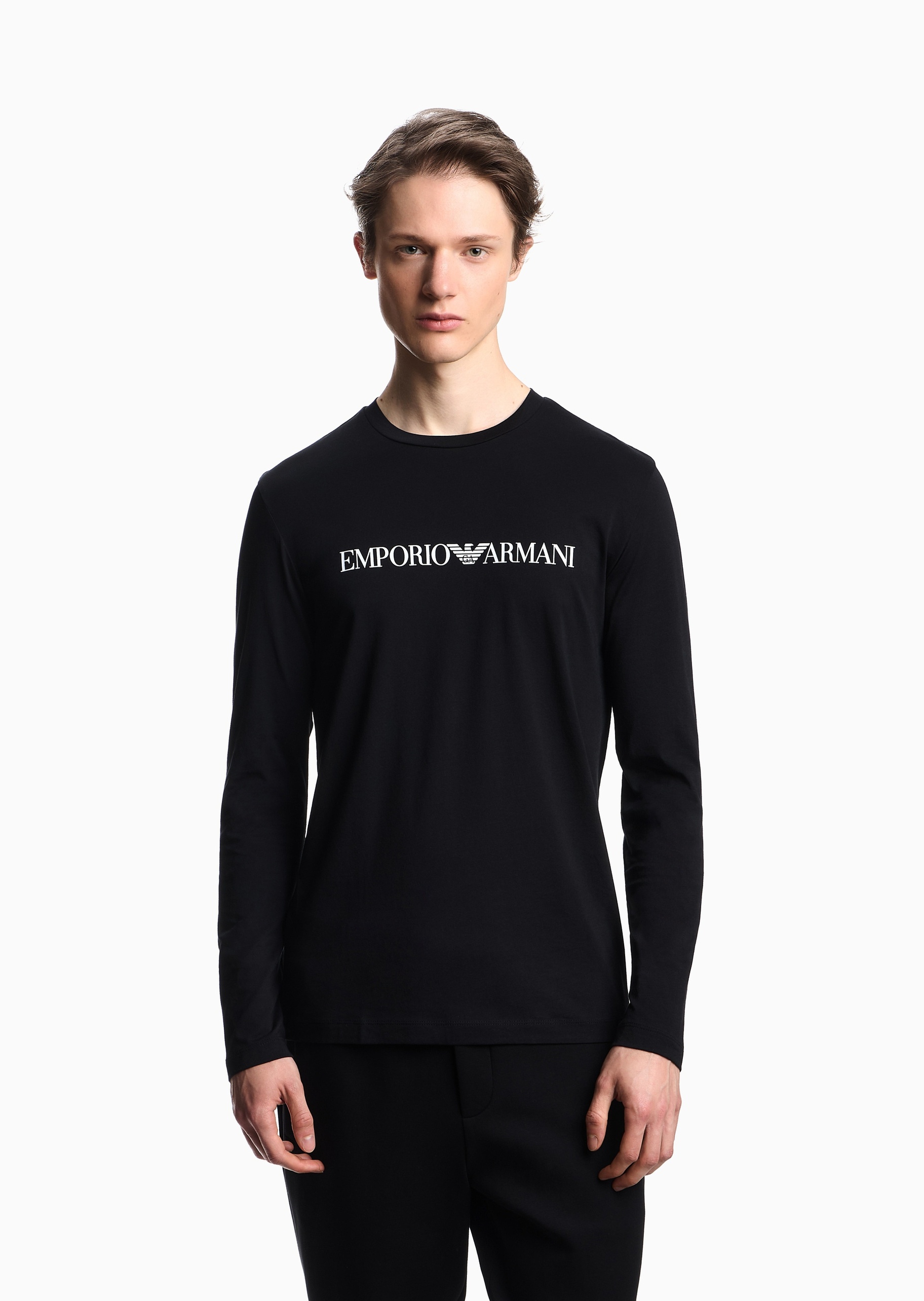 Emporio Armani 男士纯棉修身长袖圆领印花纯色T恤