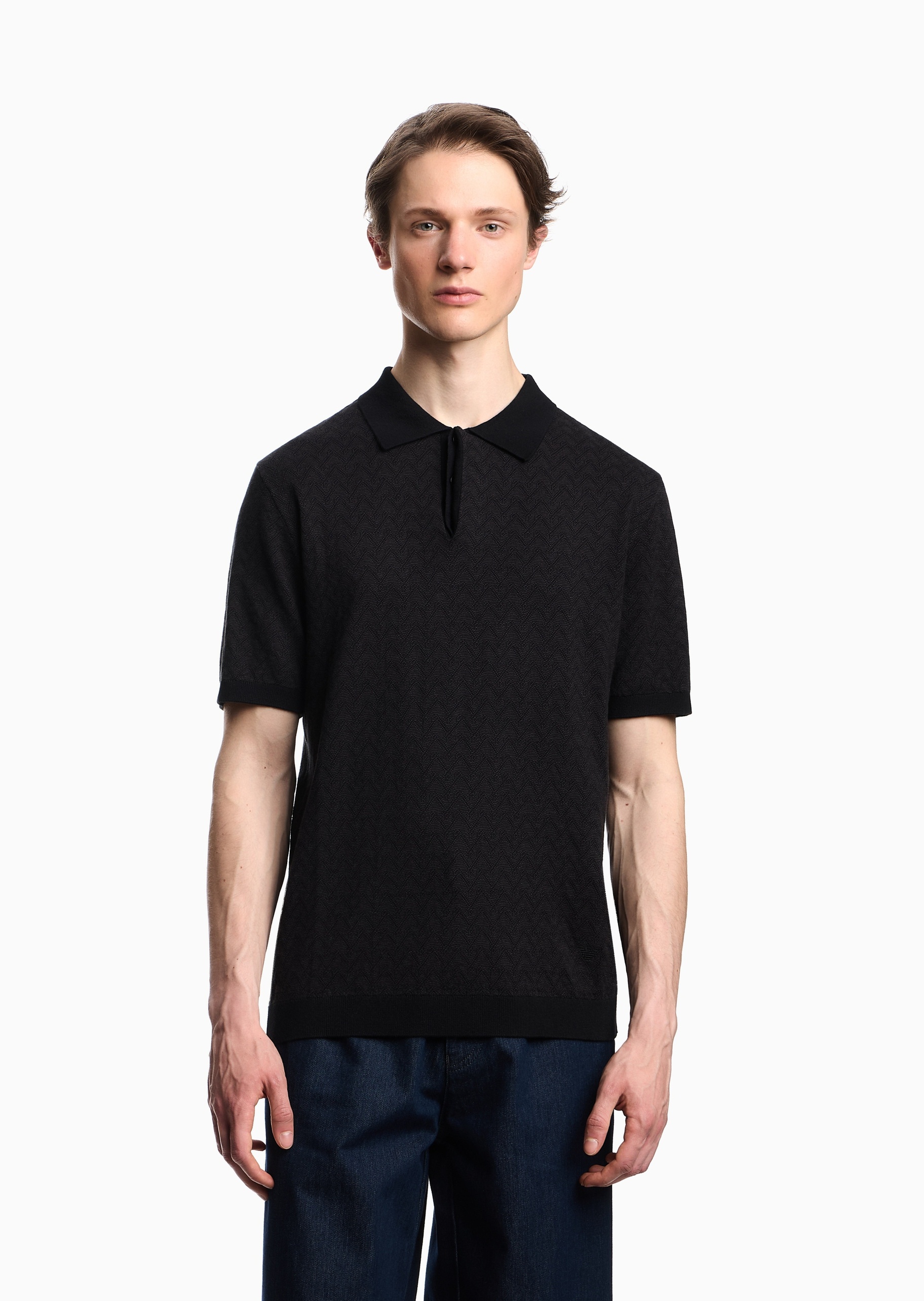 Emporio Armani 男士短袖Polo领人字纹提花针织衫