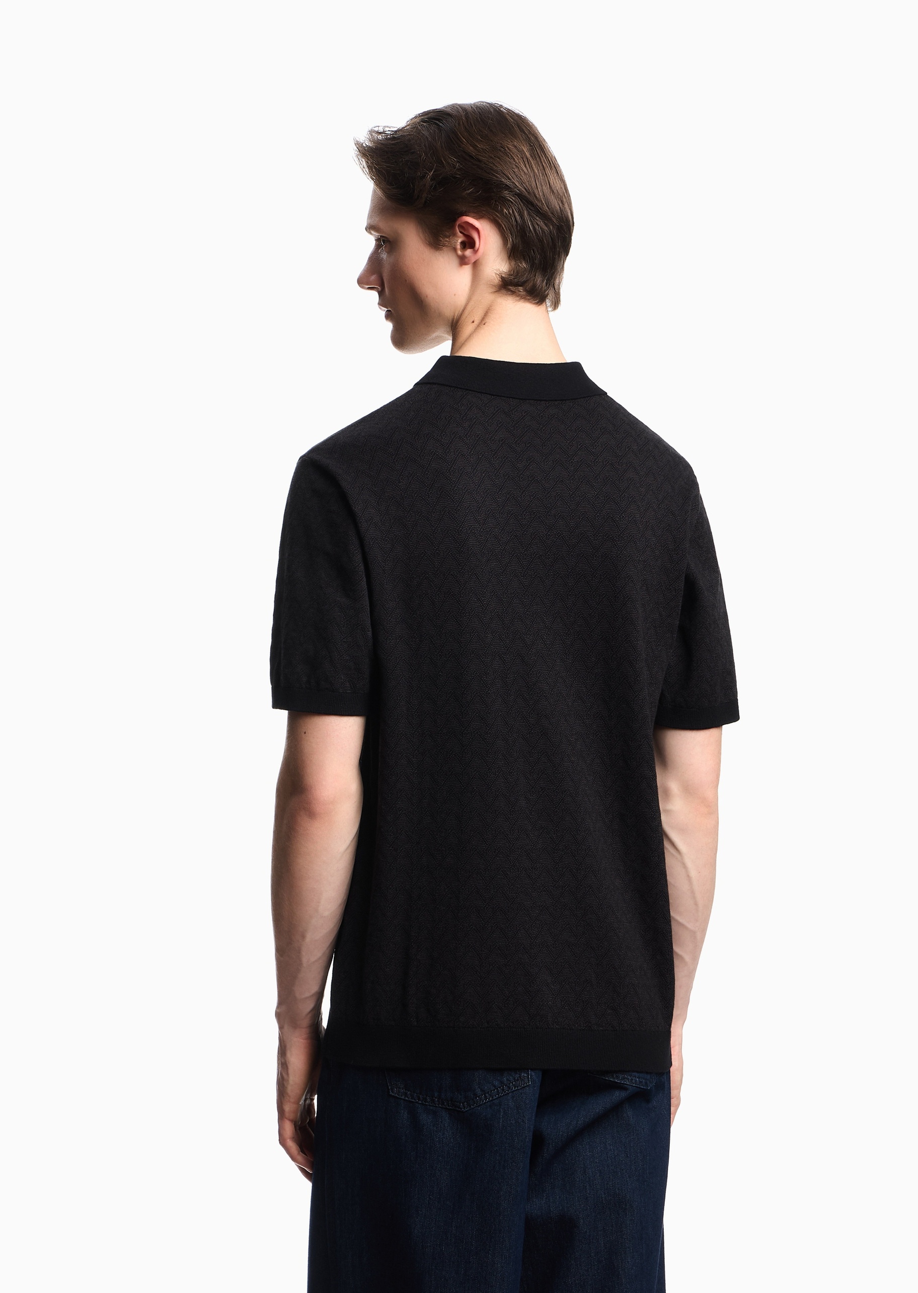 Emporio Armani 男士短袖Polo领人字纹提花针织衫