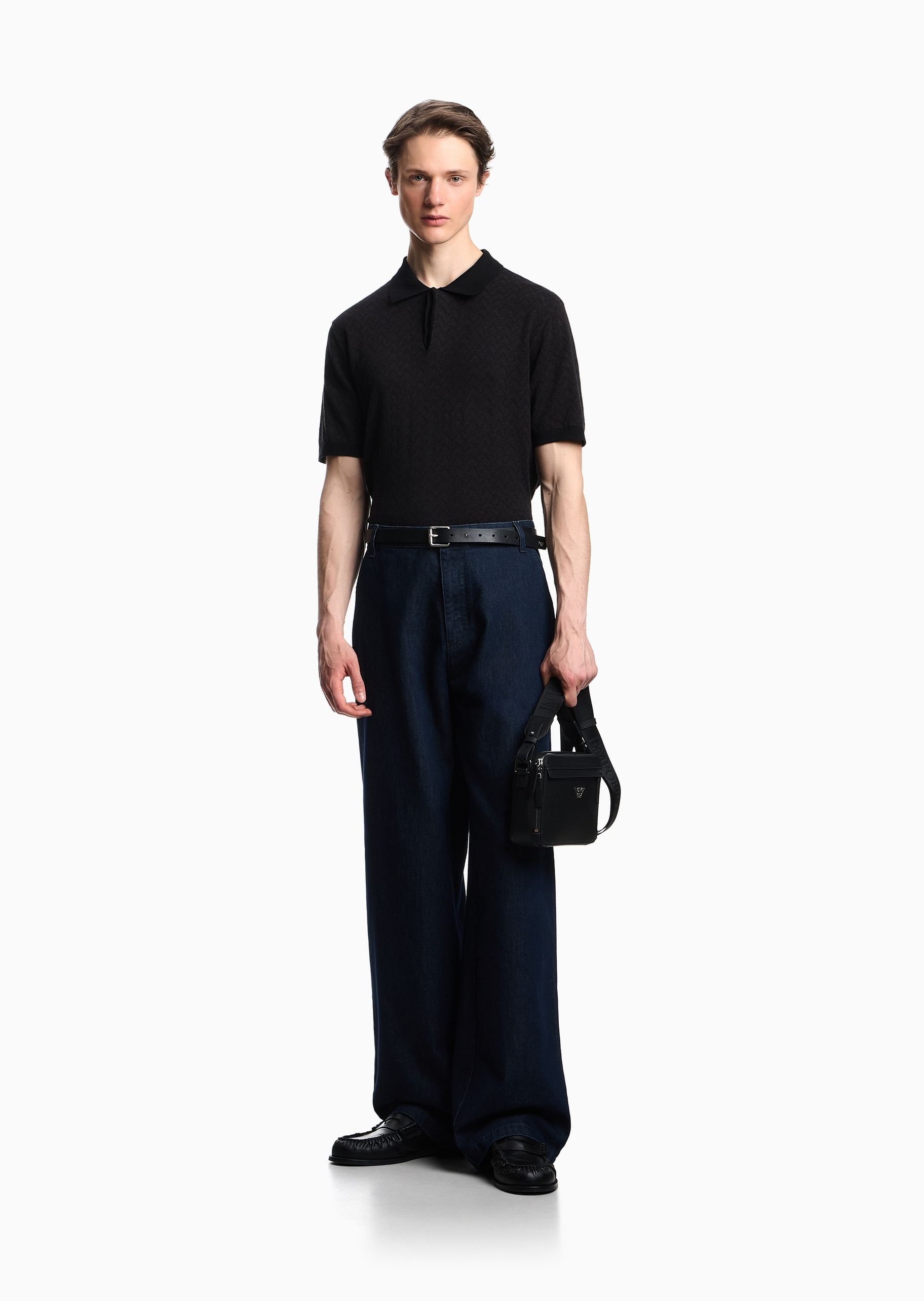 Emporio Armani 男士短袖Polo领人字纹提花针织衫