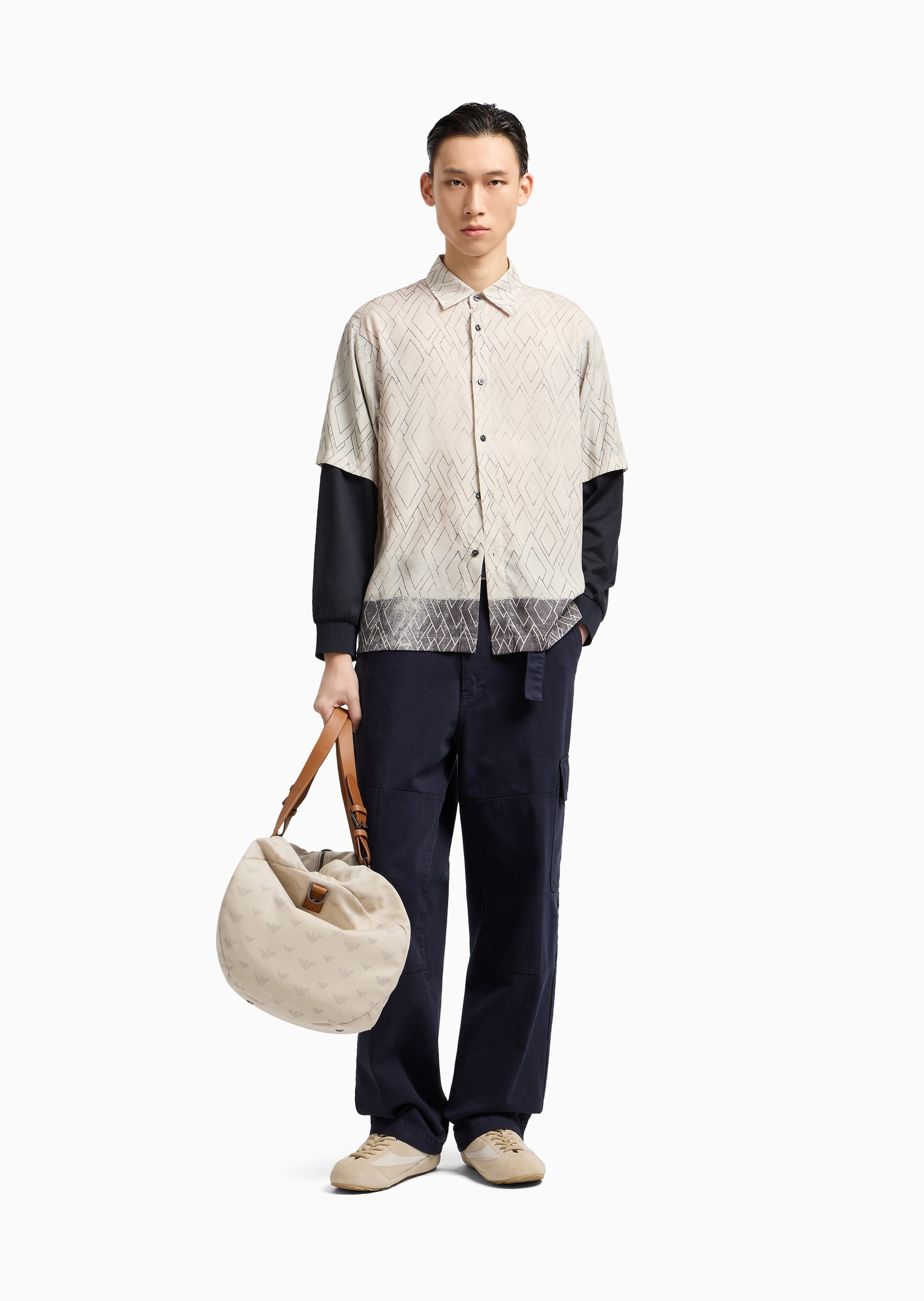 Emporio Armani 男士长袖翻领假两件满印休闲衬衫