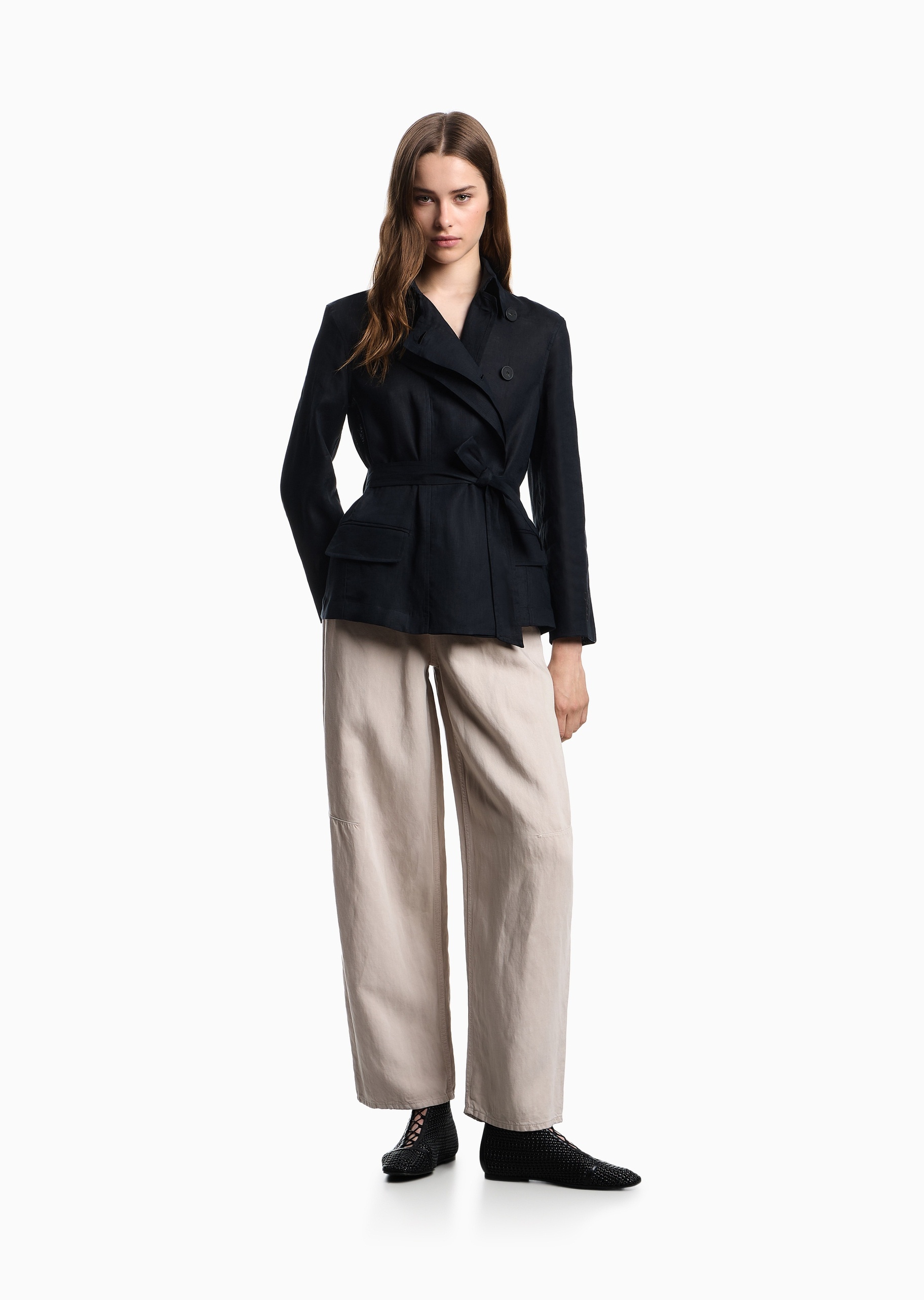 Emporio Armani 女士亚麻长袖翻领系带暗门襟夹克