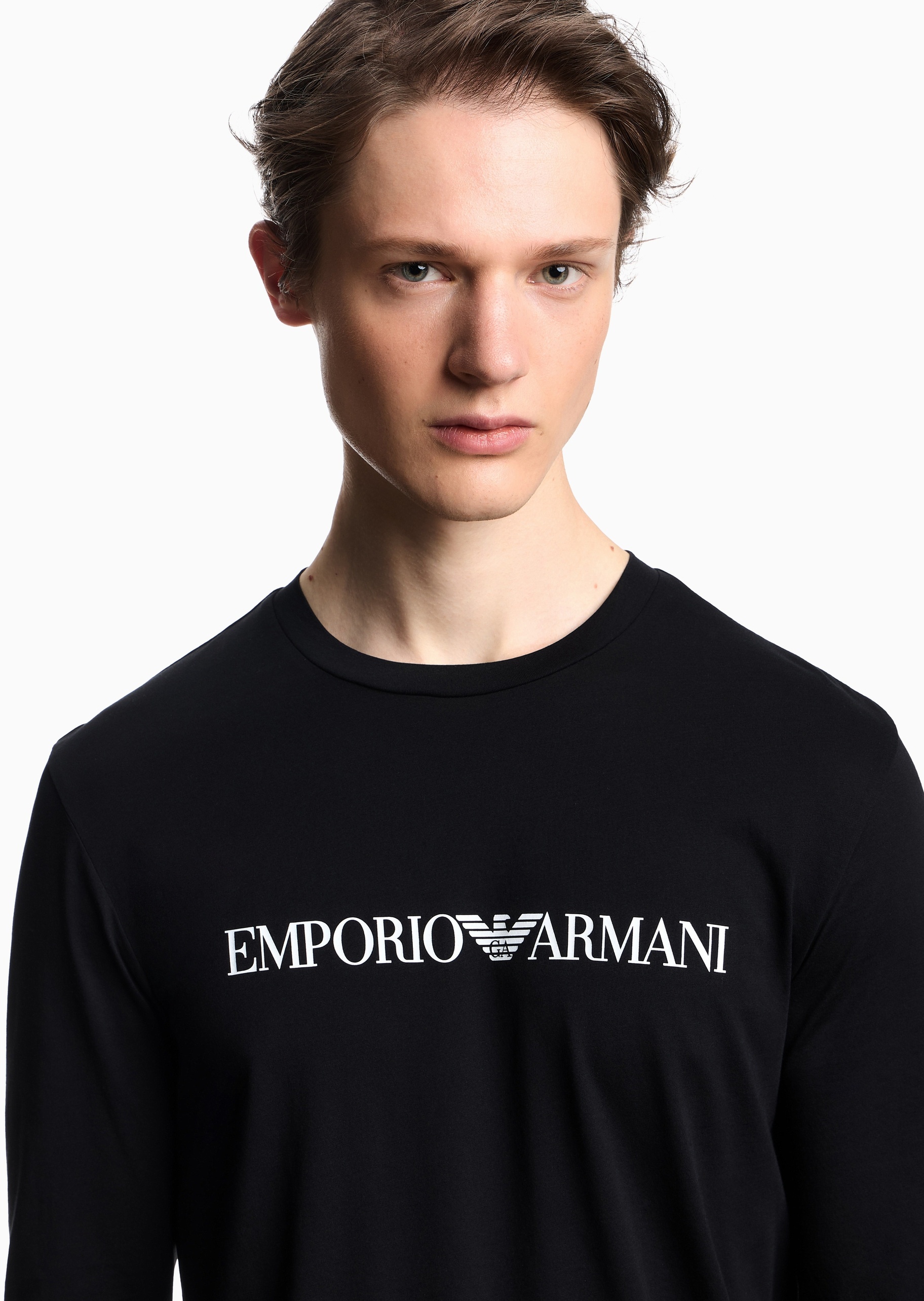 Emporio Armani 男士纯棉修身长袖圆领印花纯色T恤