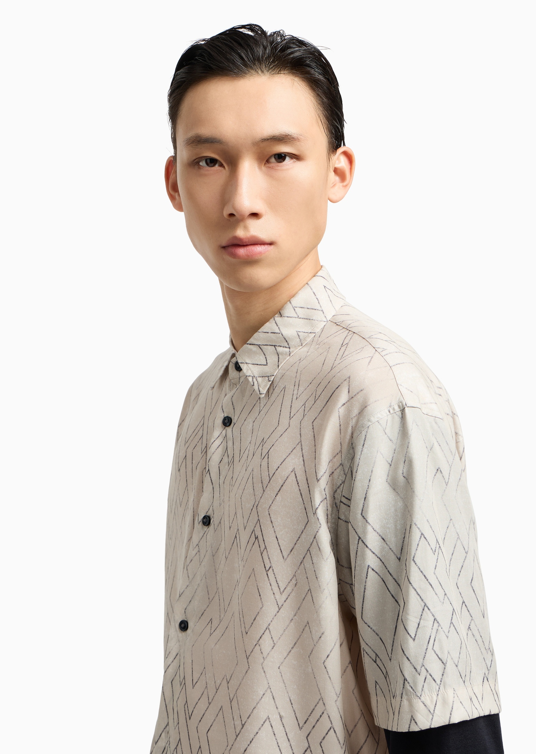 Emporio Armani 男士长袖翻领假两件满印休闲衬衫