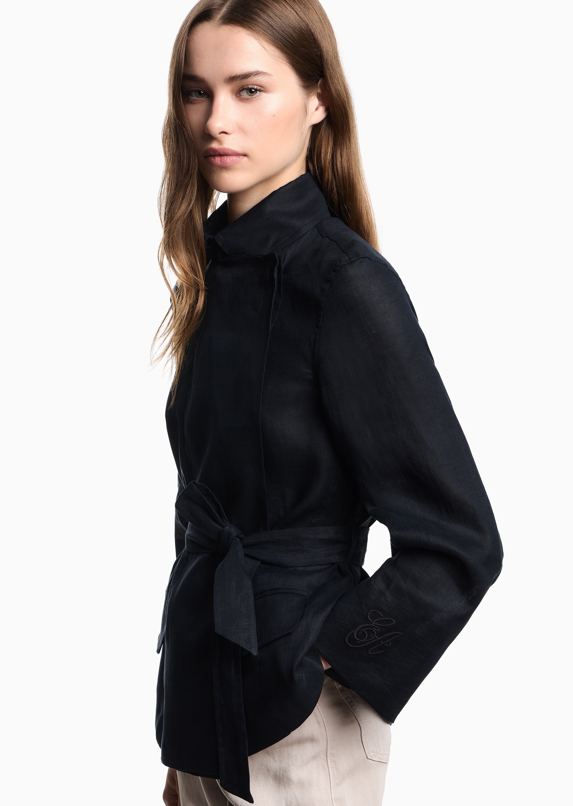 Emporio Armani 女士亚麻长袖翻领系带暗门襟夹克