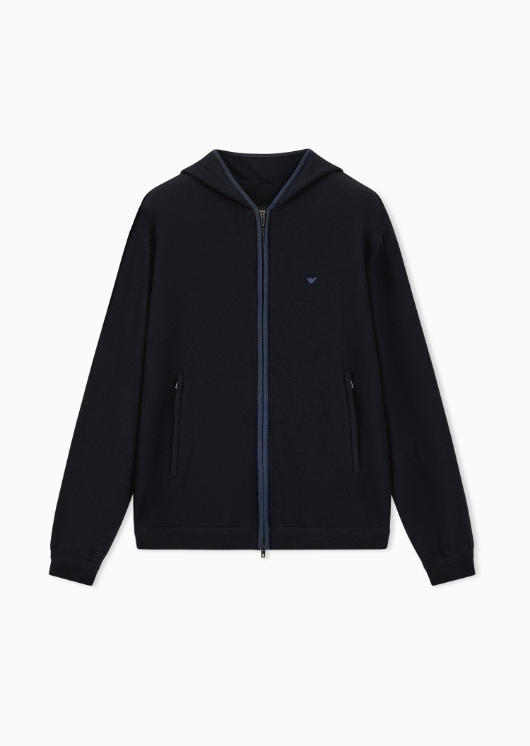 Emporio Armani 男士连帽绵羊毛混纺刺绣拉链针织开衫