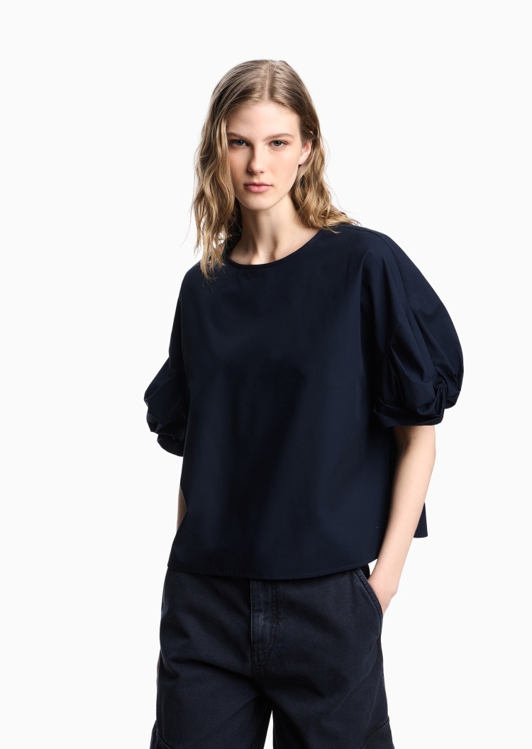 Emporio Armani 女士全棉扭褶宽袖圆领套头纯色休闲衬衫
