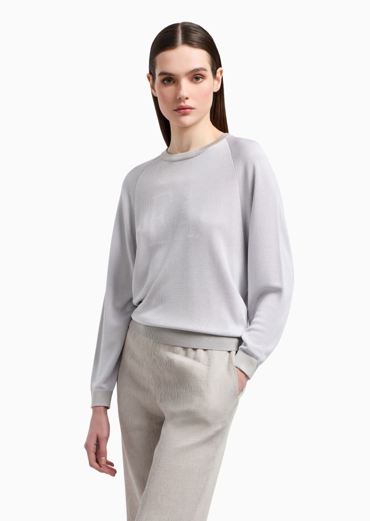 Emporio Armani 女士合身长袖圆领插肩竖向罗纹提花针织衫