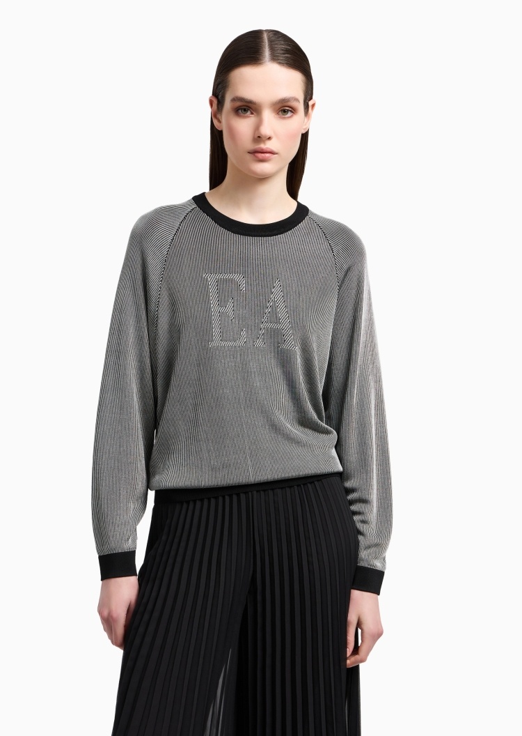 Emporio Armani 女士合身长袖圆领插肩竖向罗纹提花针织衫