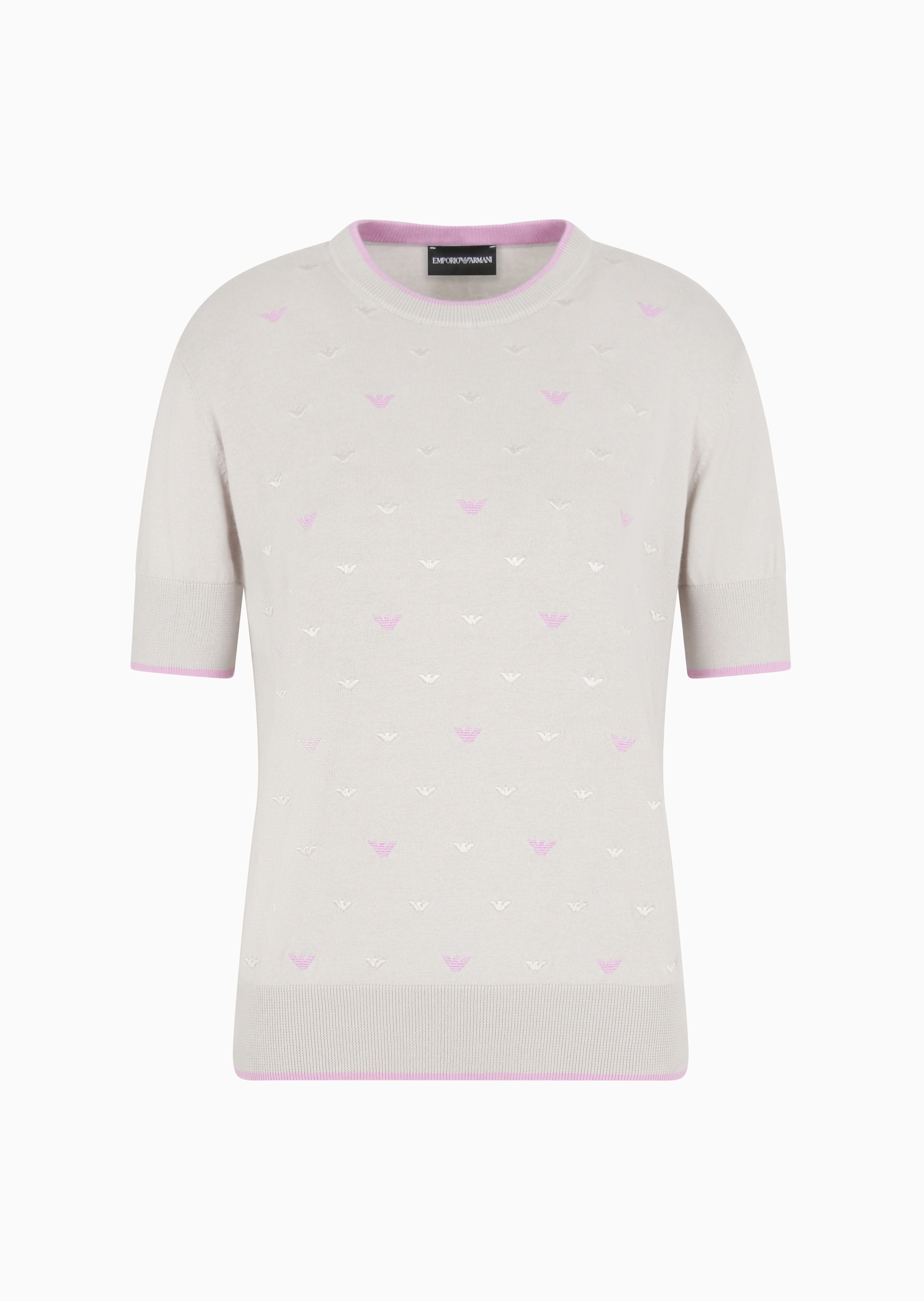Emporio Armani 女士纯棉合身短袖圆领通体鹰标刺绣针织衫